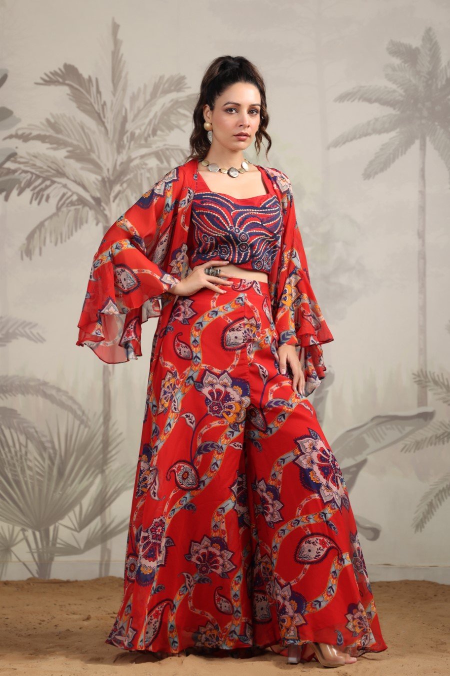 Crimson Red Ethnic Printed Palazzo Sets with Cape