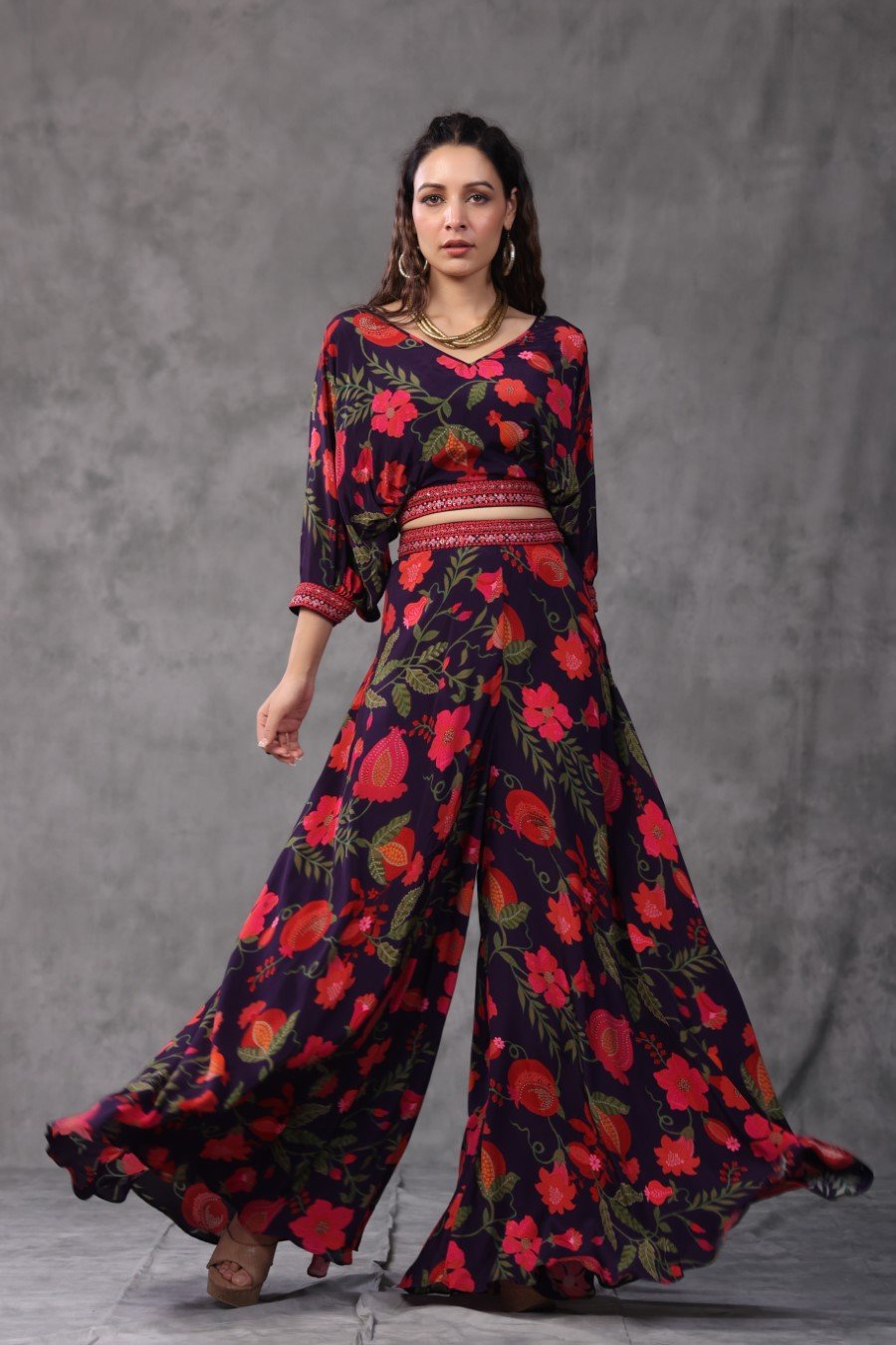 Navy Blue Floral Crop Top with Palazzo Pant