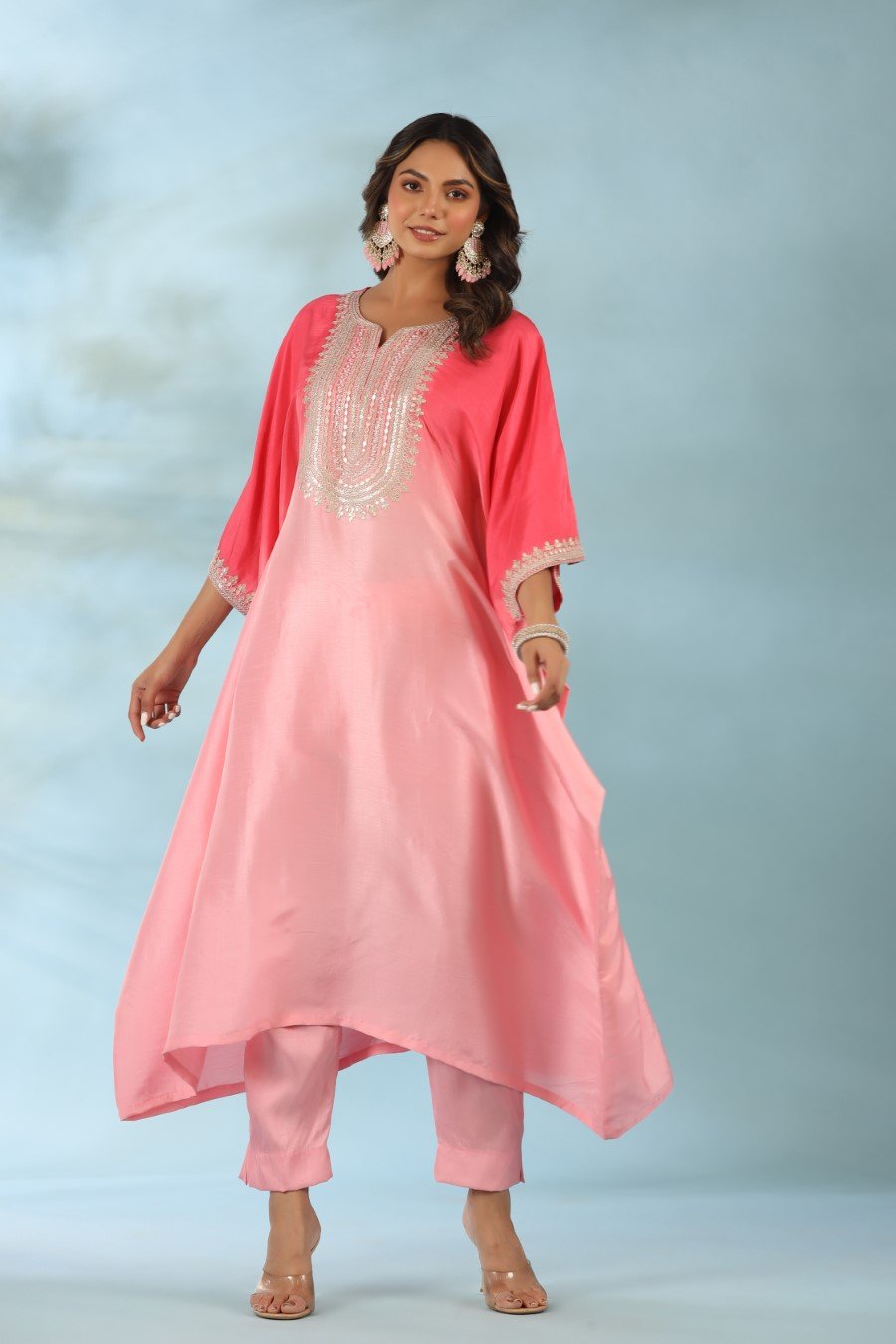 Pink Ombre Embroidered Kaftan With Pants