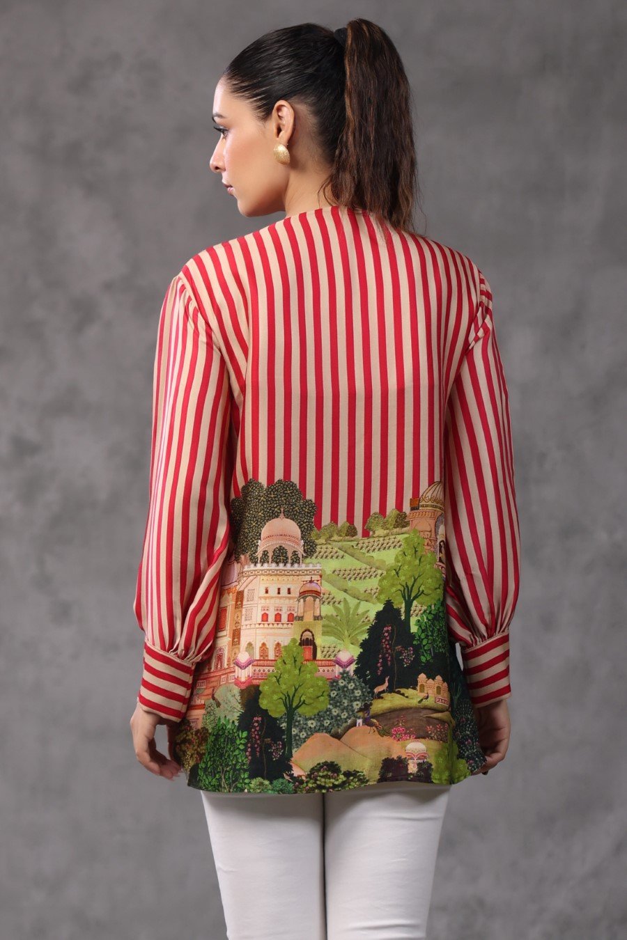 Red Striped Digital Printed Modal Satin Top