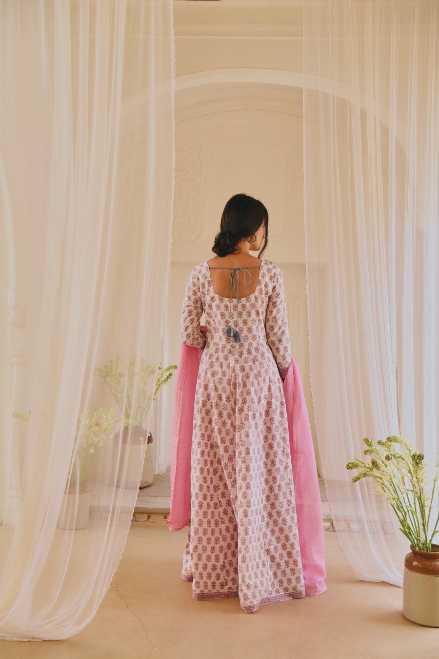 Powder Pink Block Printed Anarkali Kurta Set