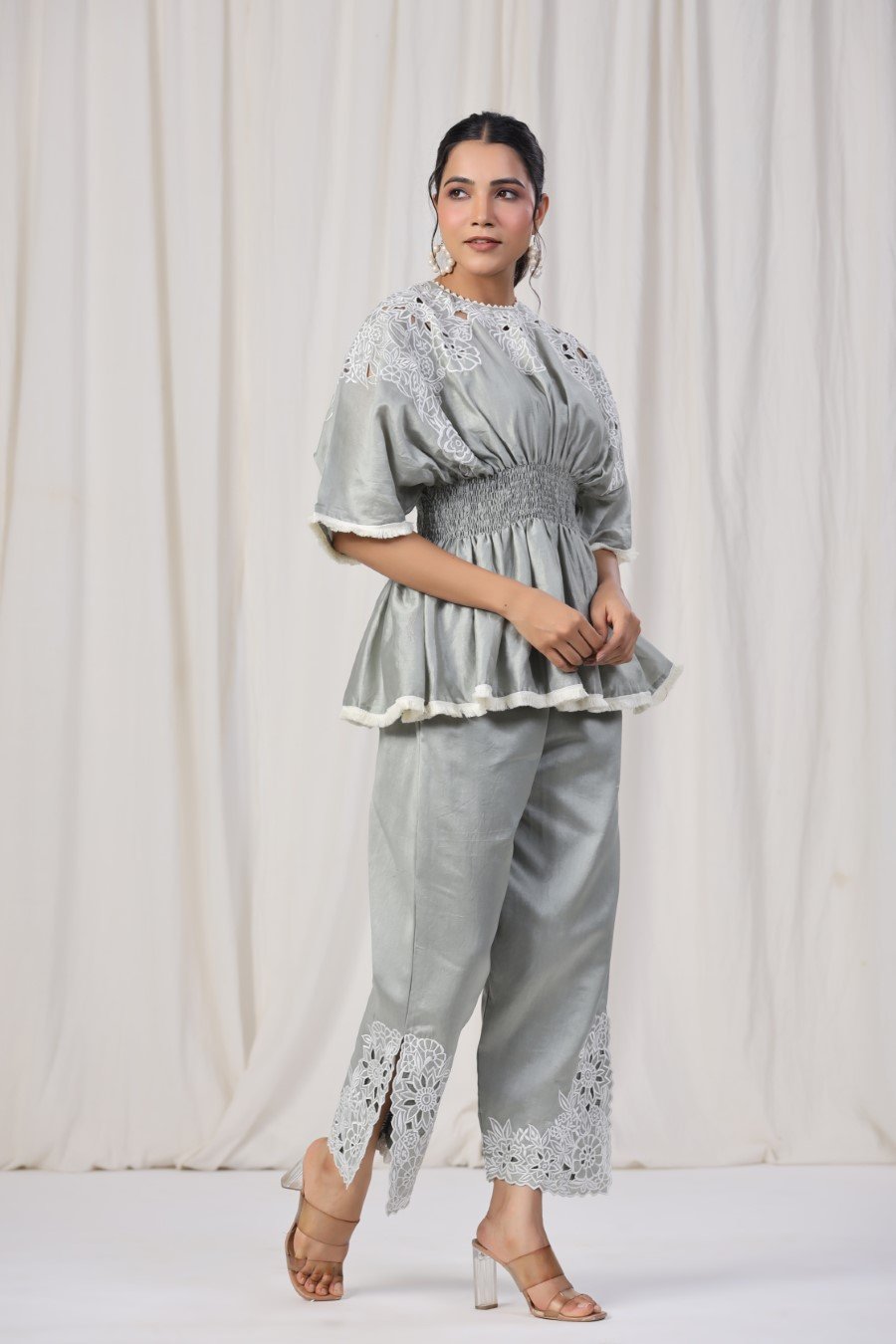 Powder Grey Embroidered Lotus Silk Co-ord Set