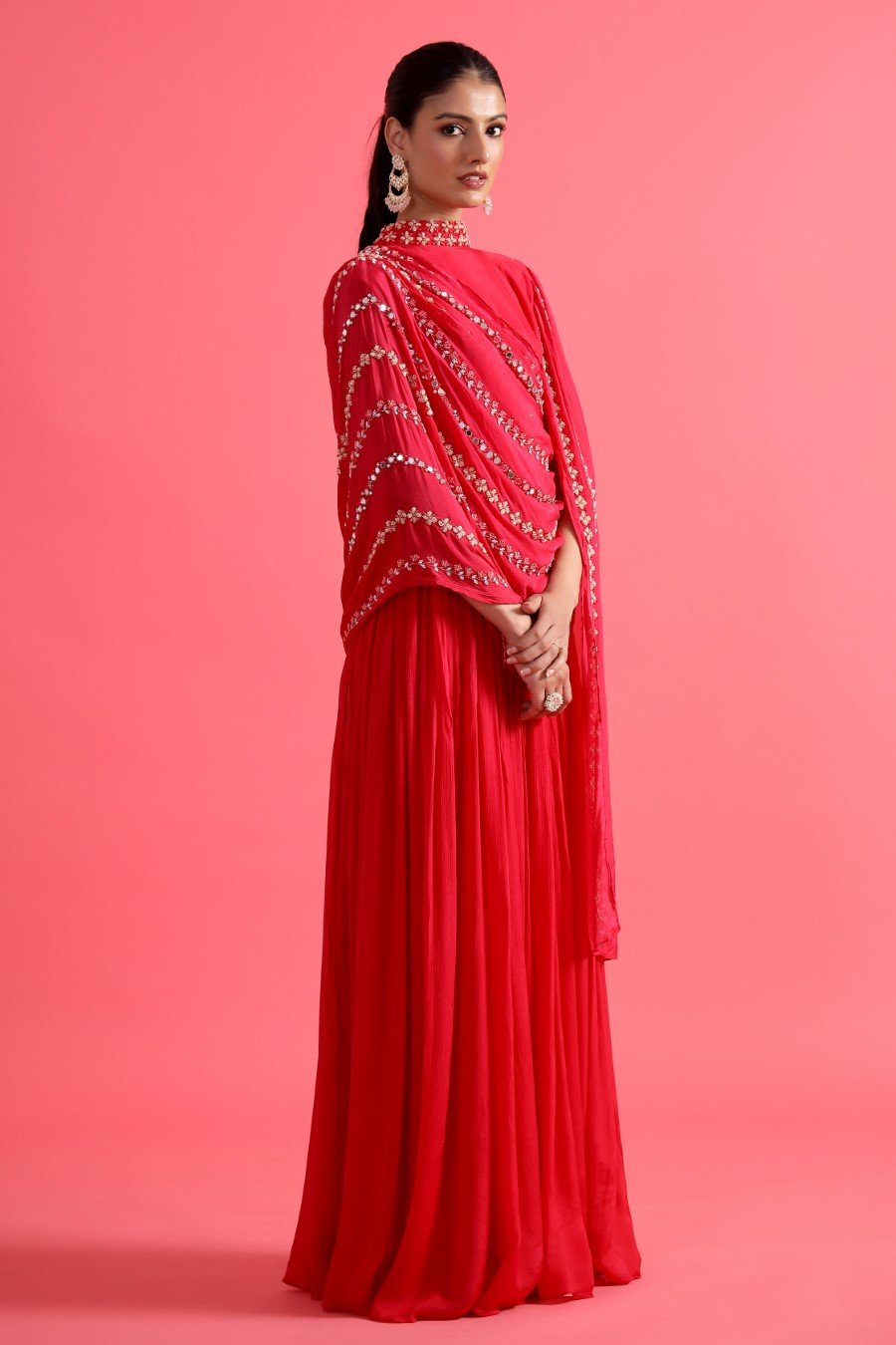 Reddish Pink Embellished & Draped Chinon Silk Gown