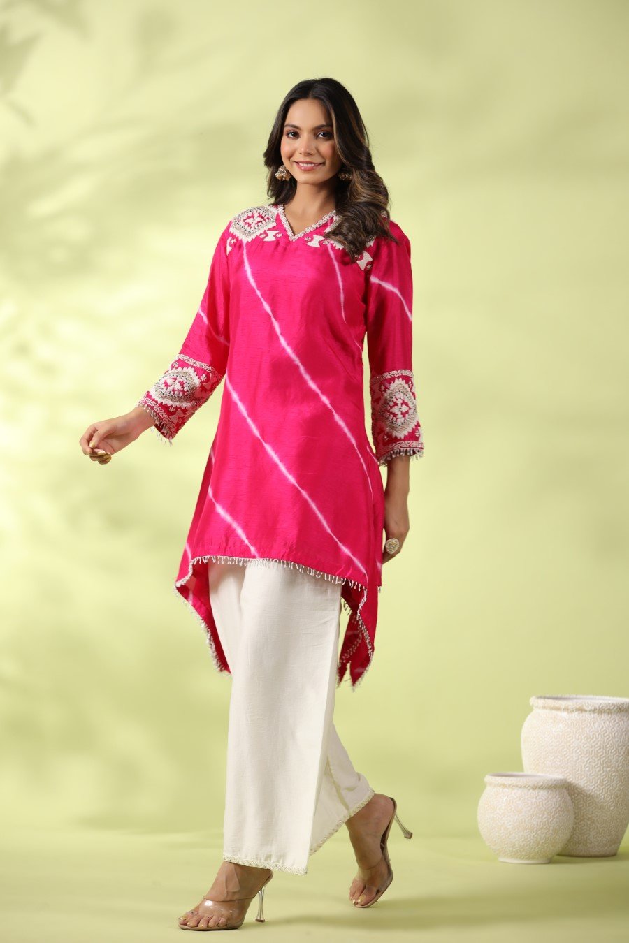 Pink Tie-dyed & Embroidered Asymmetrical Kurta with Palazzo