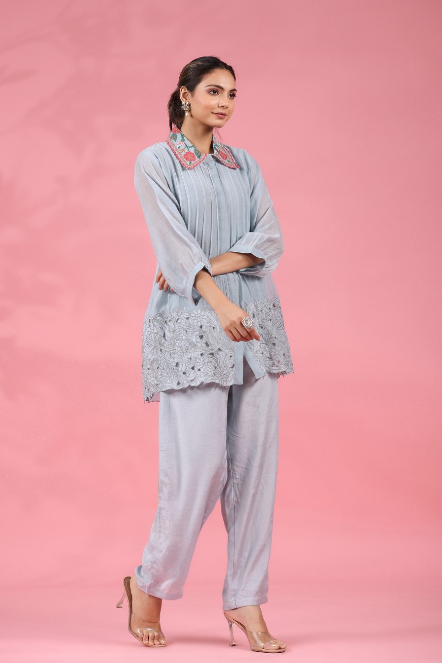 Pastel Blue Chanderi Silk Embroidered Co-ord Set