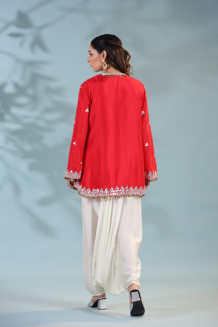 Cherry Red Mirror Embellished Tunic with Harem Pants