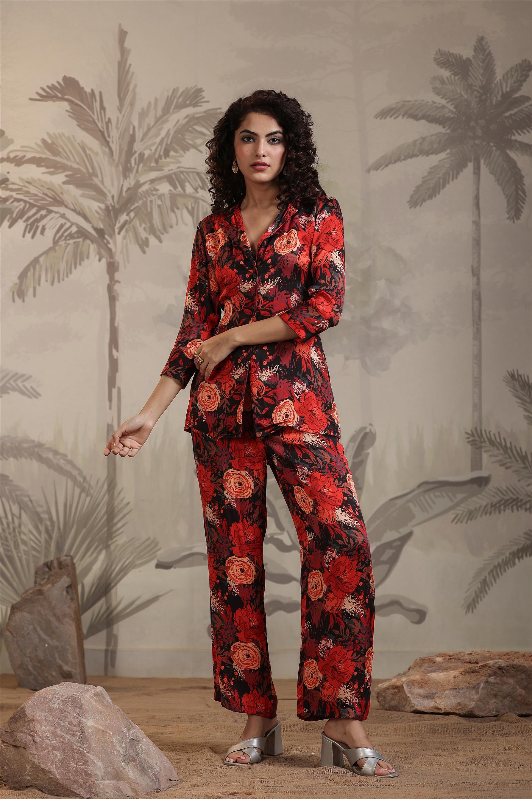Red Floral Printed Satin Silk Co-Ord Set