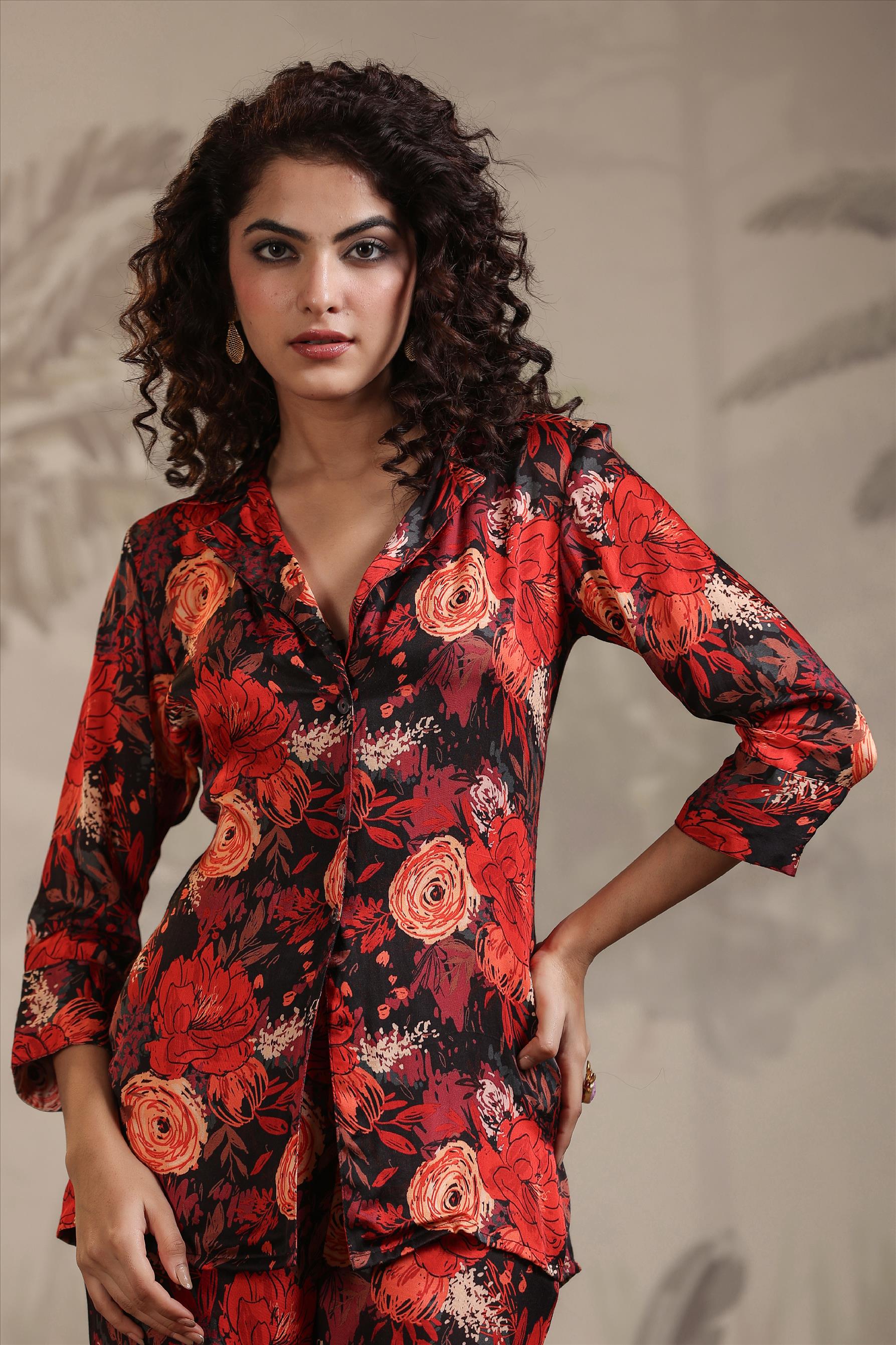 Red Floral Printed Satin Silk Co-Ord Set