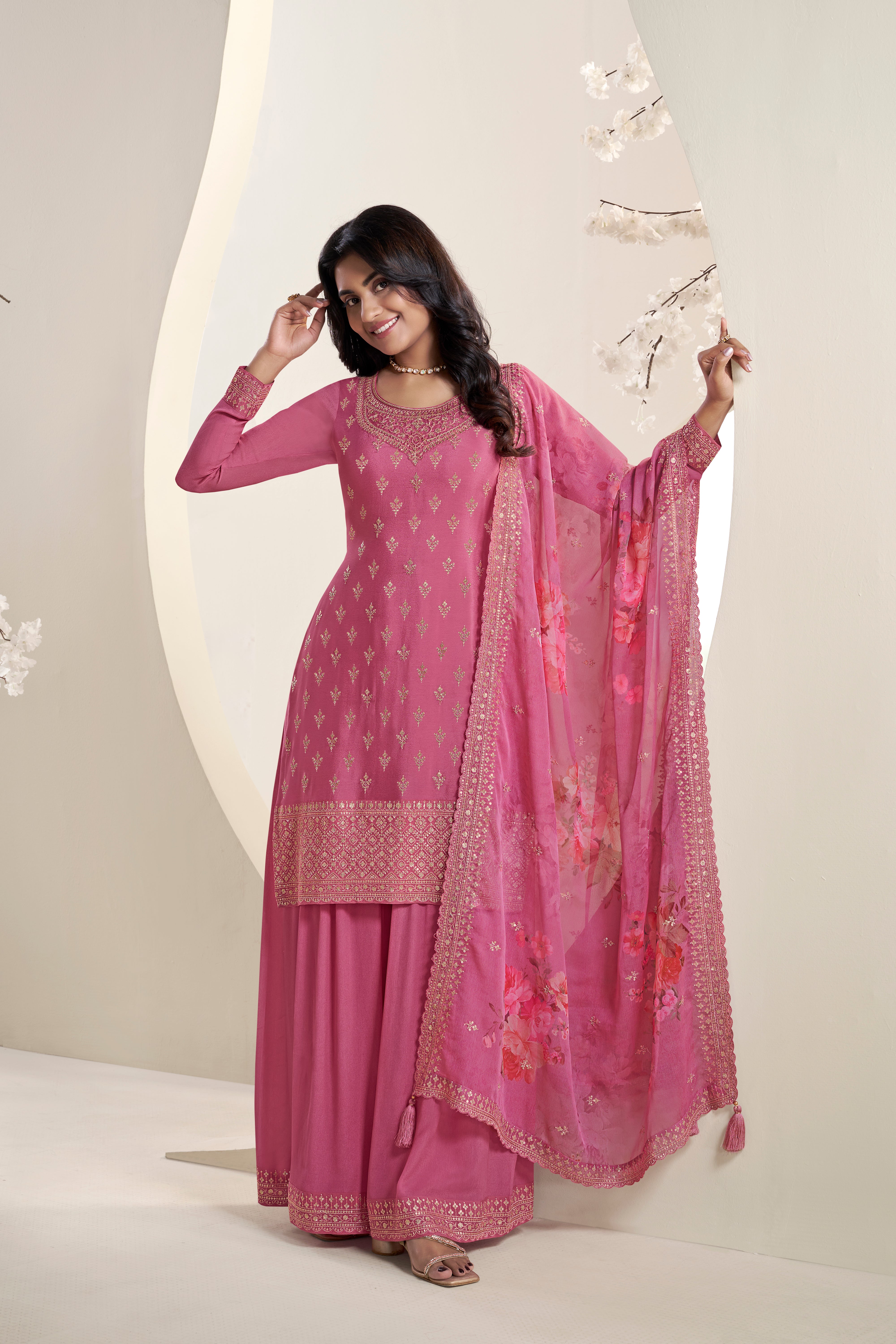 Golden Pink Chinon Silk Kurta & Palazzo Set