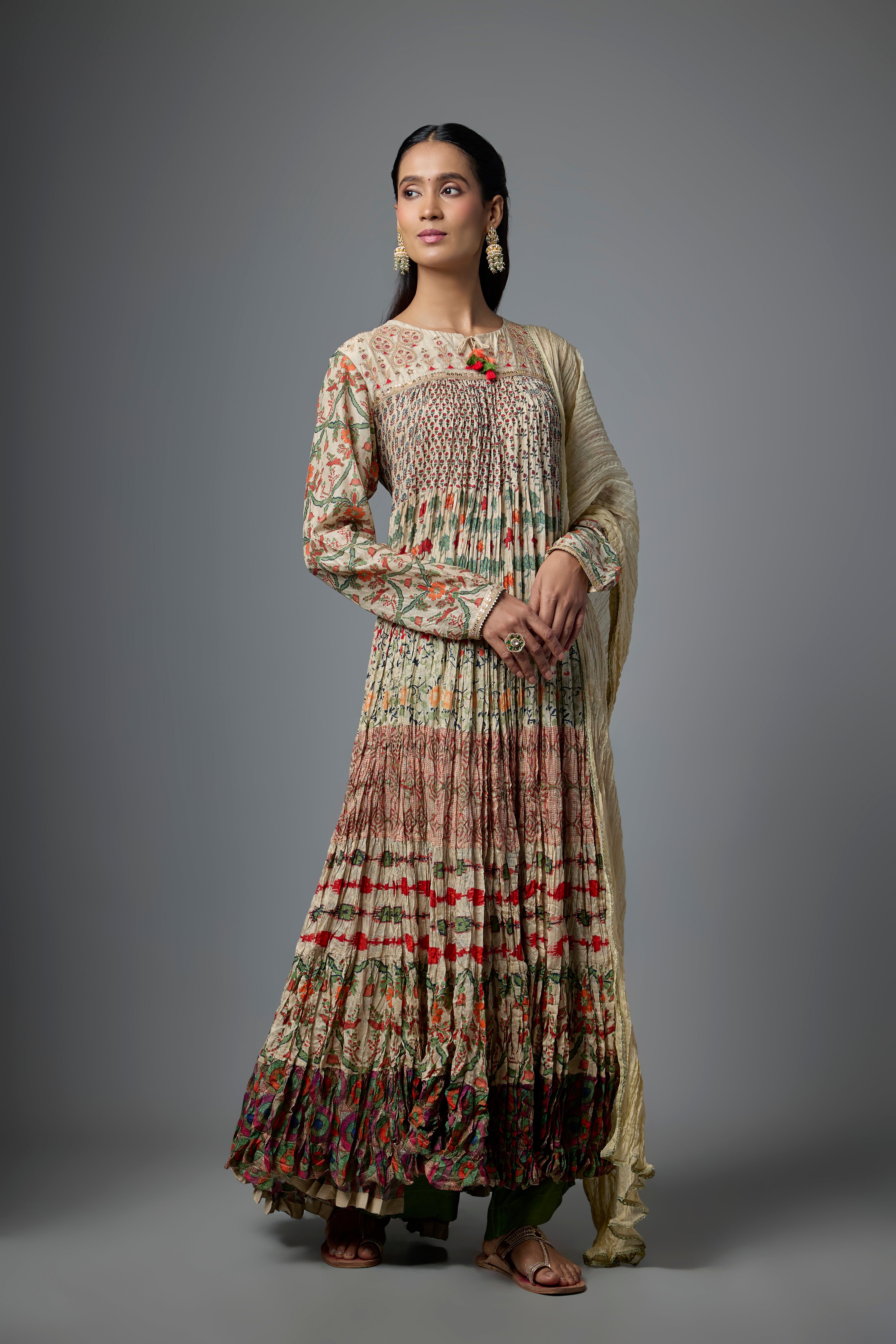 Ivory Printed Cotton Linen Anarkali Set
