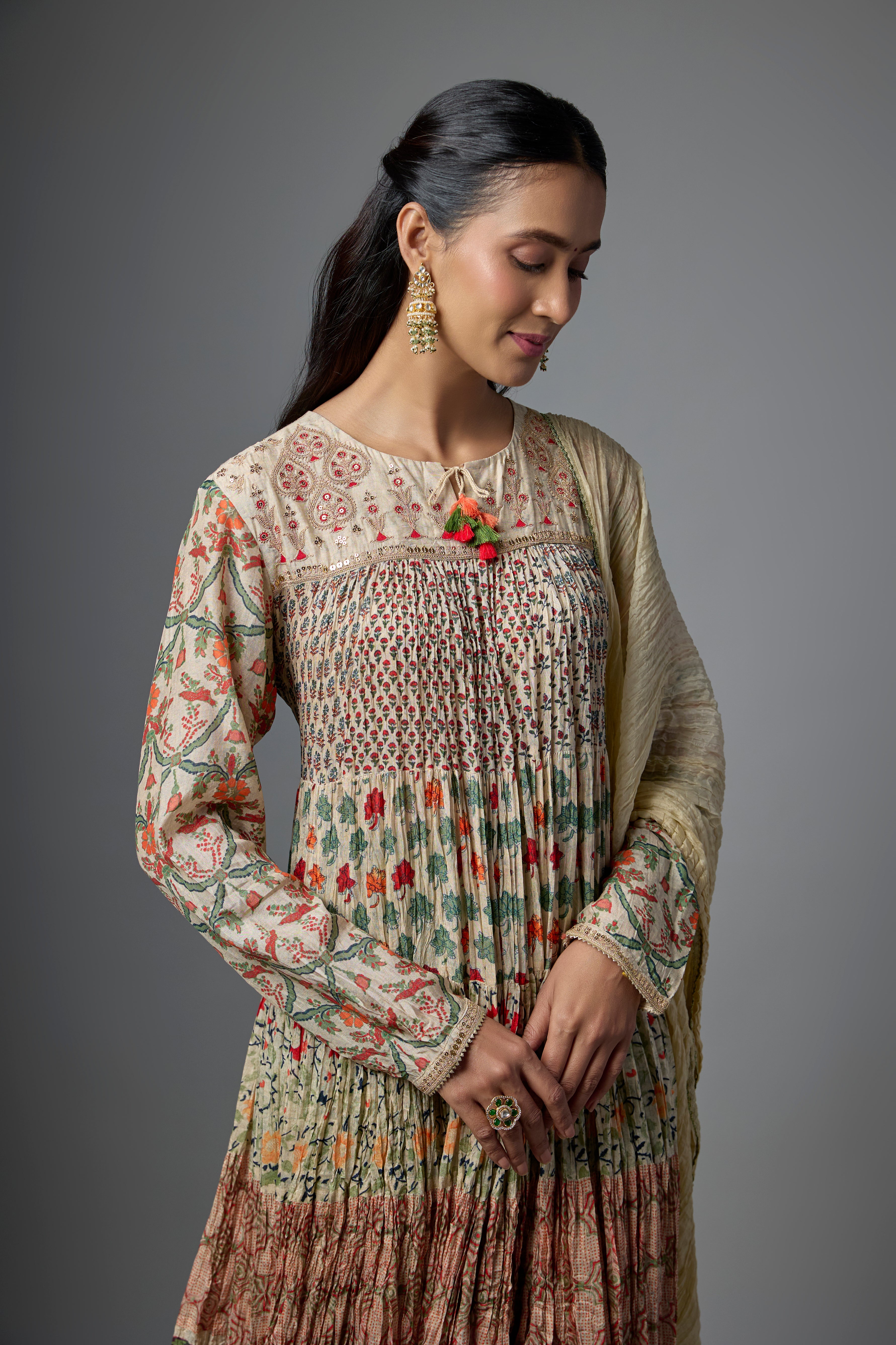 Ivory Printed Cotton Linen Anarkali Set