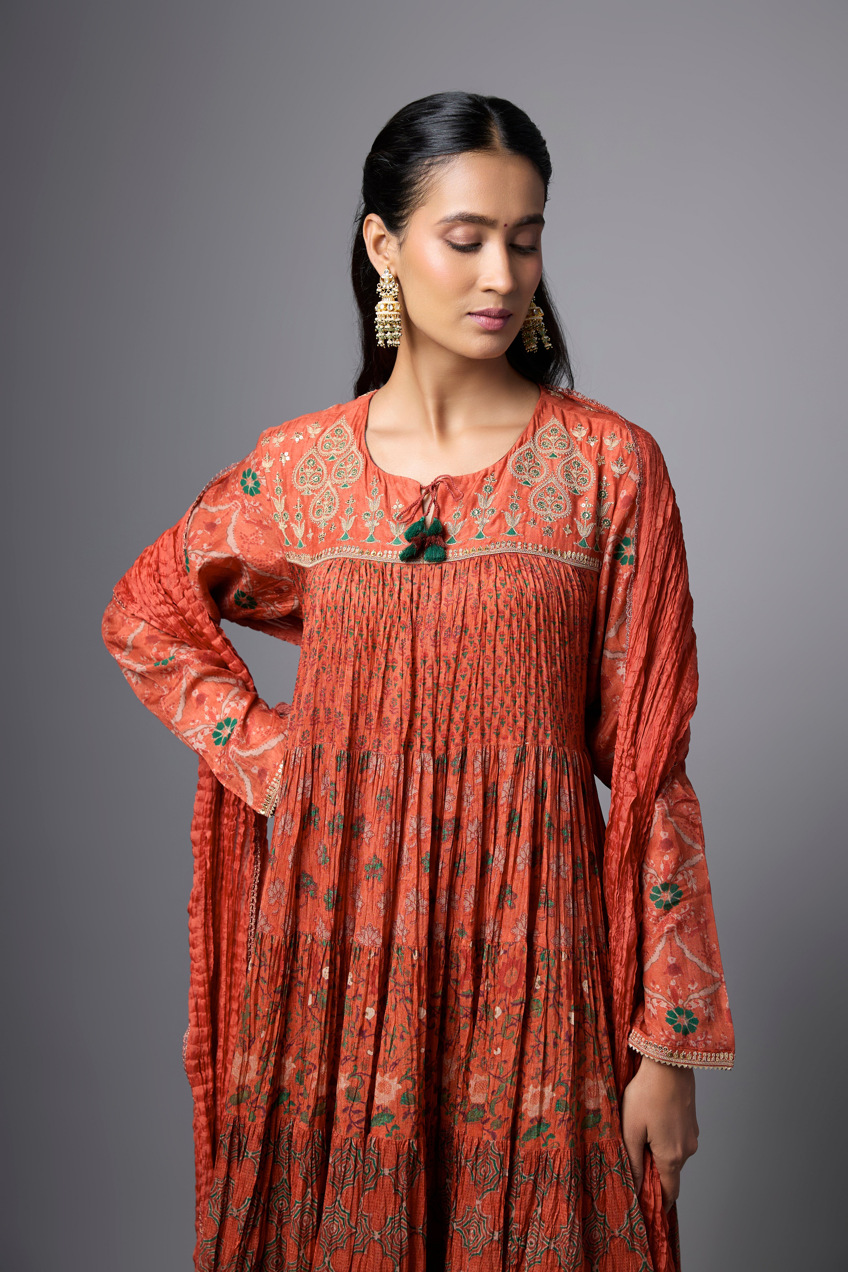 Orange Printed Cotton Linen Anarkali Set