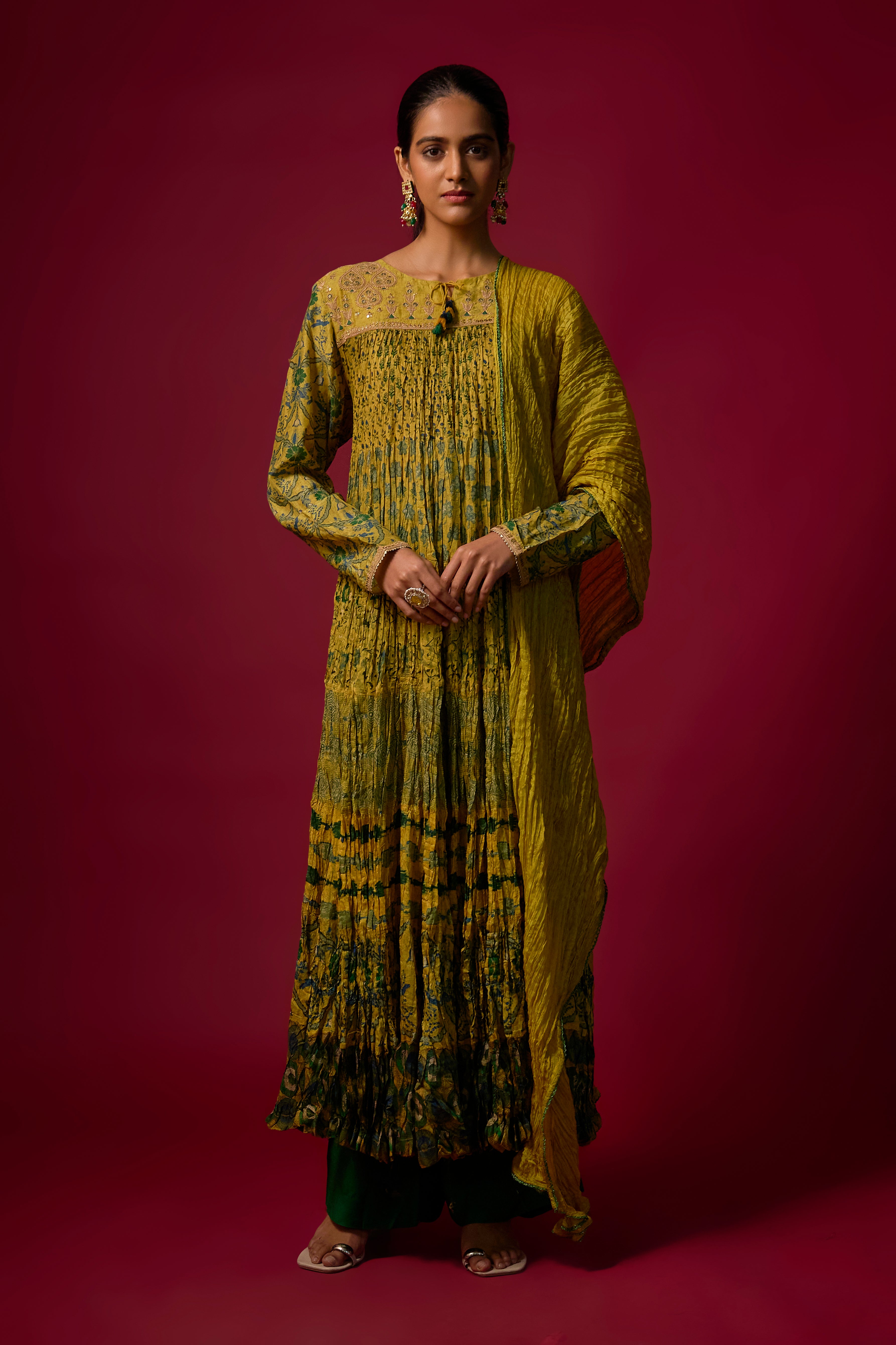 Mustard Yellow Printed Cotton Linen Anarkali Set