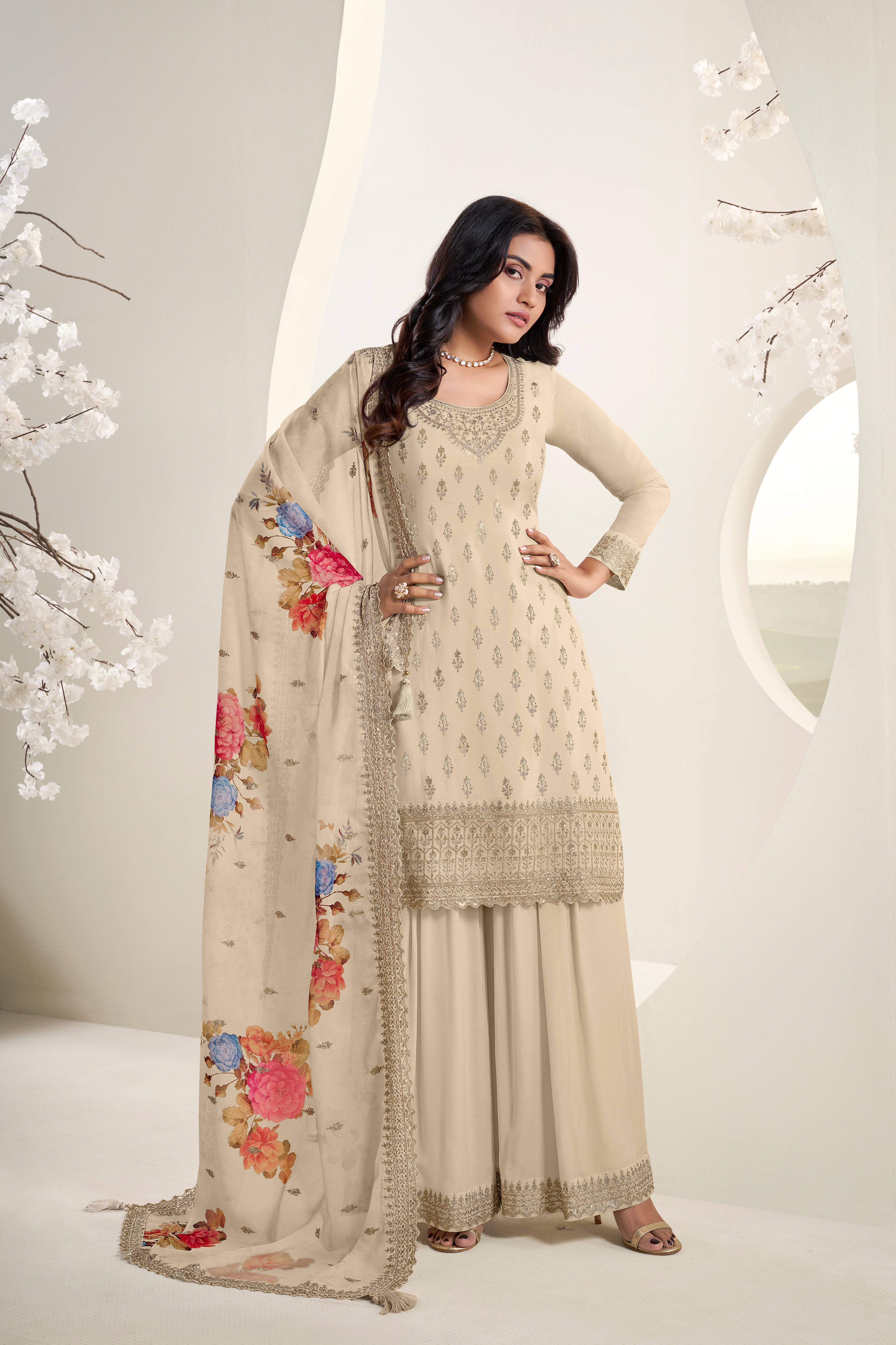 Beige Chinon Silk Kurta & Palazzo Set