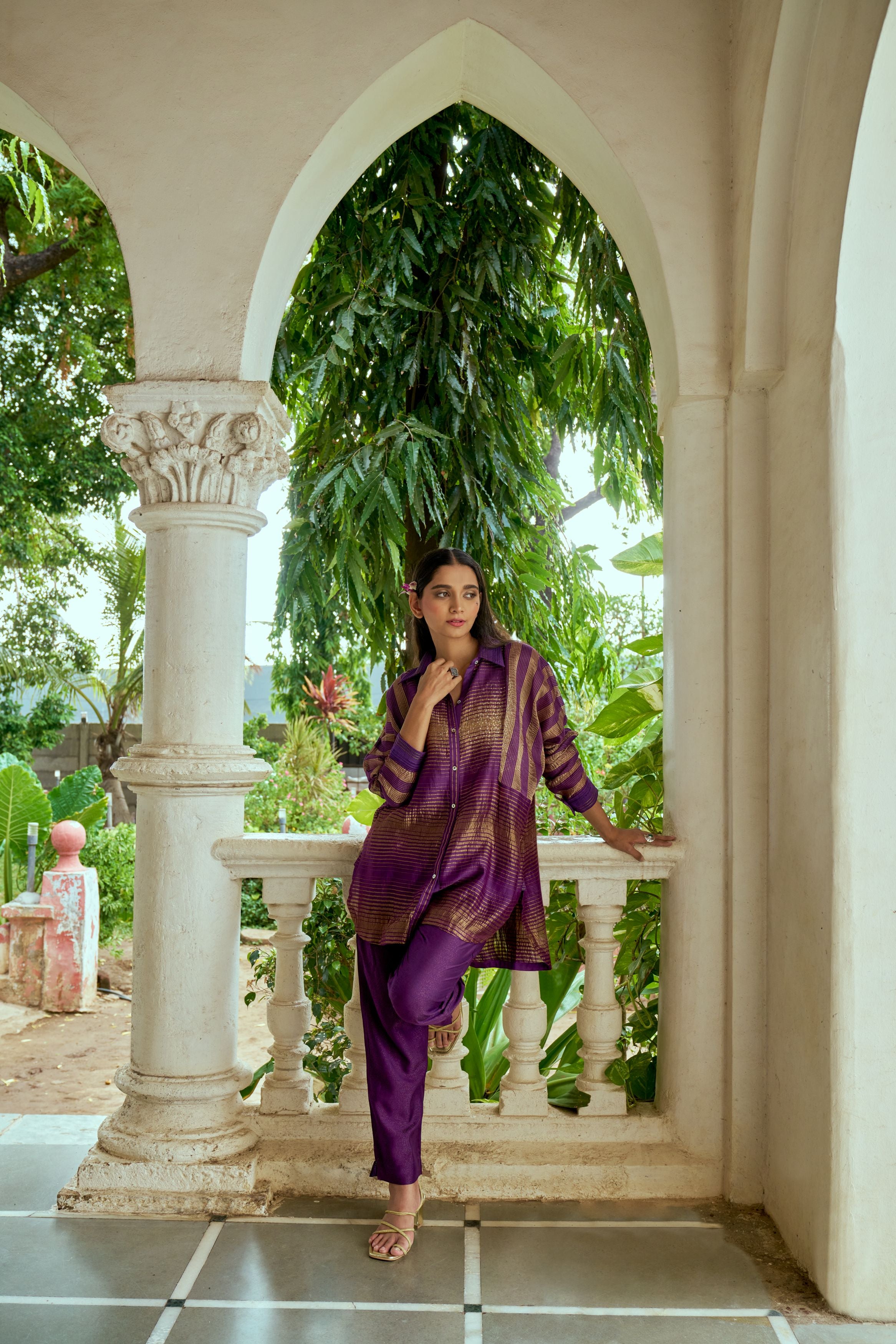 Soft Purple Printed Slub Cotton Silk Tunic Top
