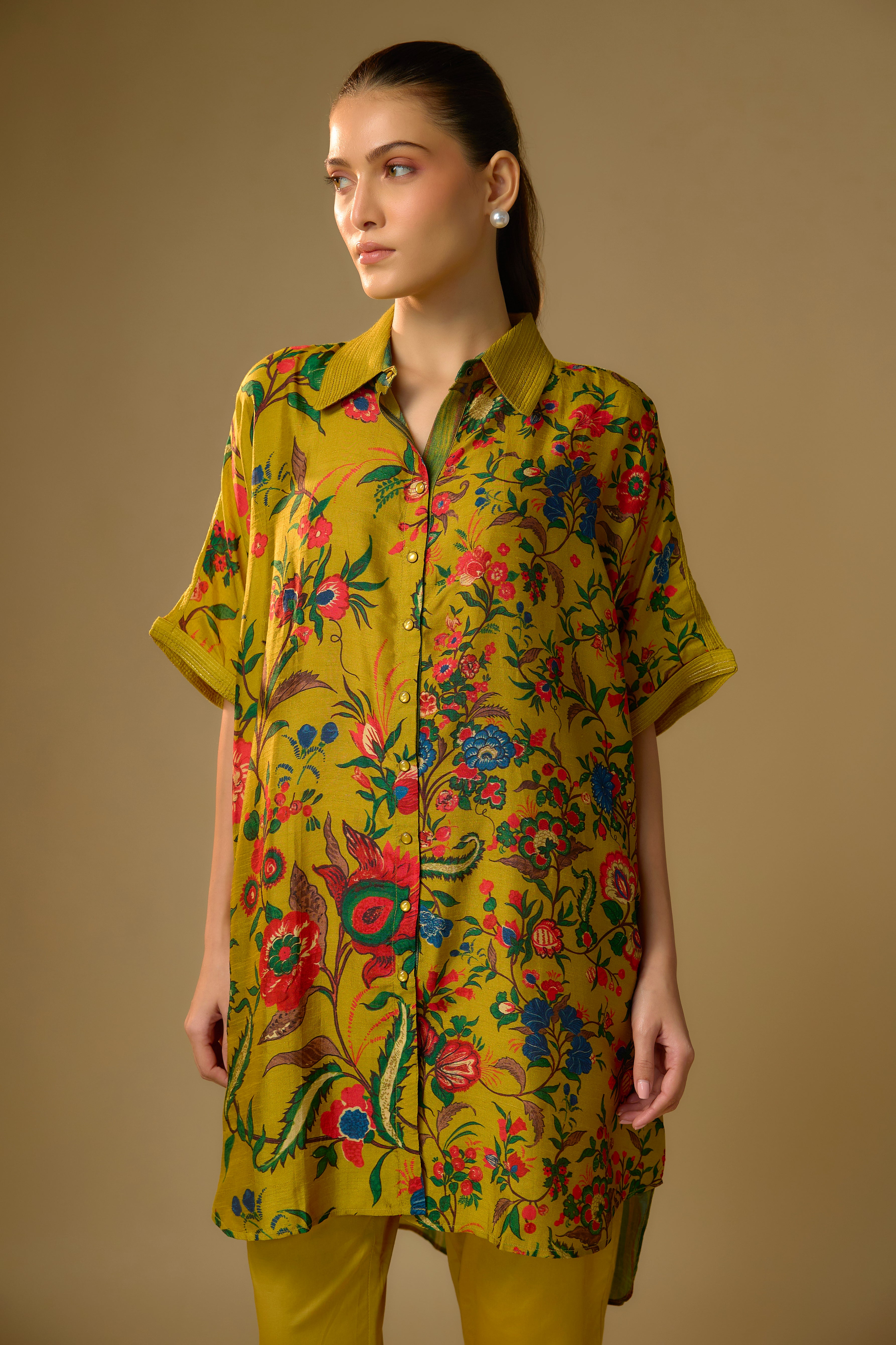 Summer Yellow Printed Slub Cotton Silk Tunic Top
