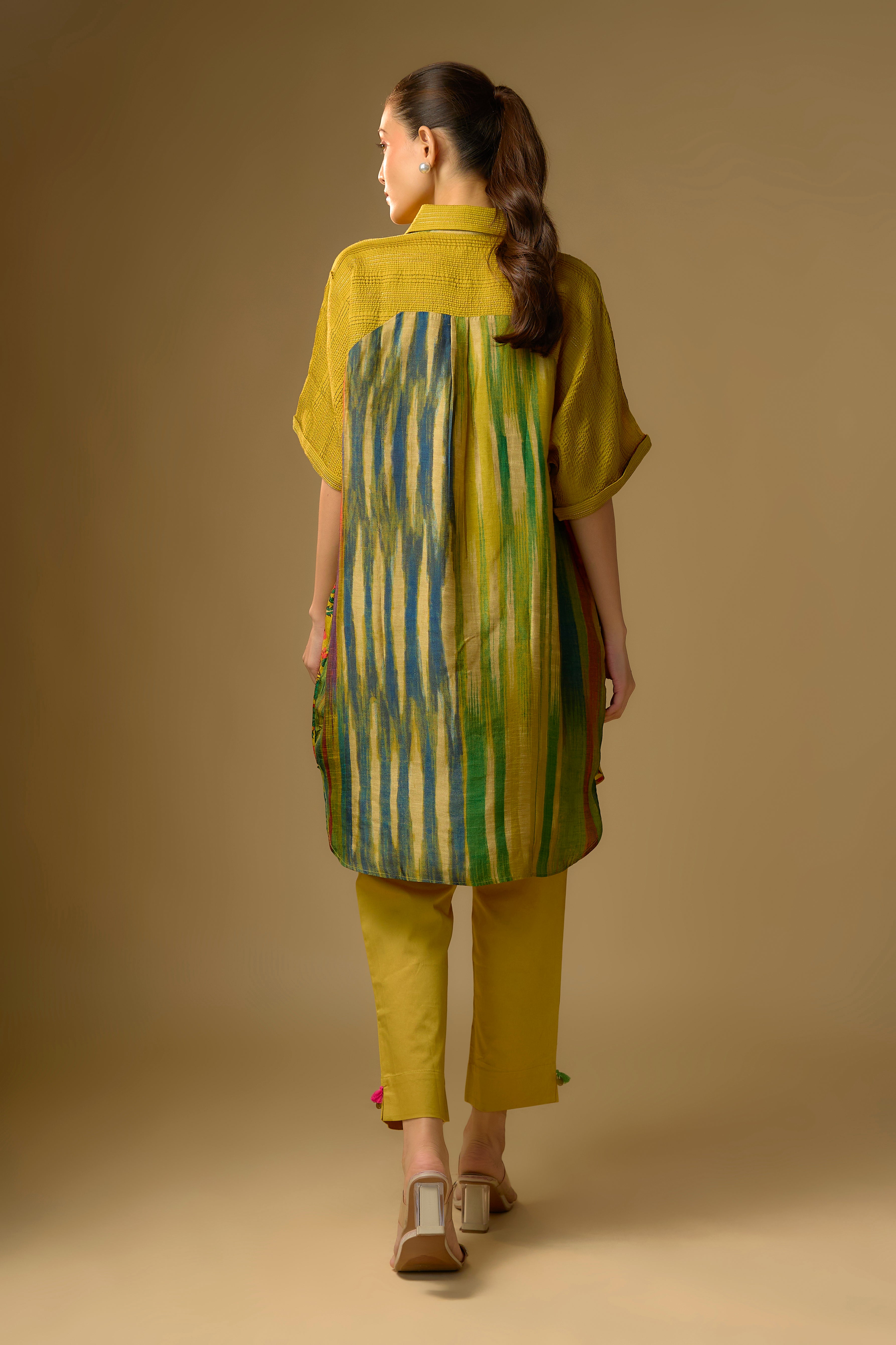 Summer Yellow Printed Slub Cotton Silk Tunic Top