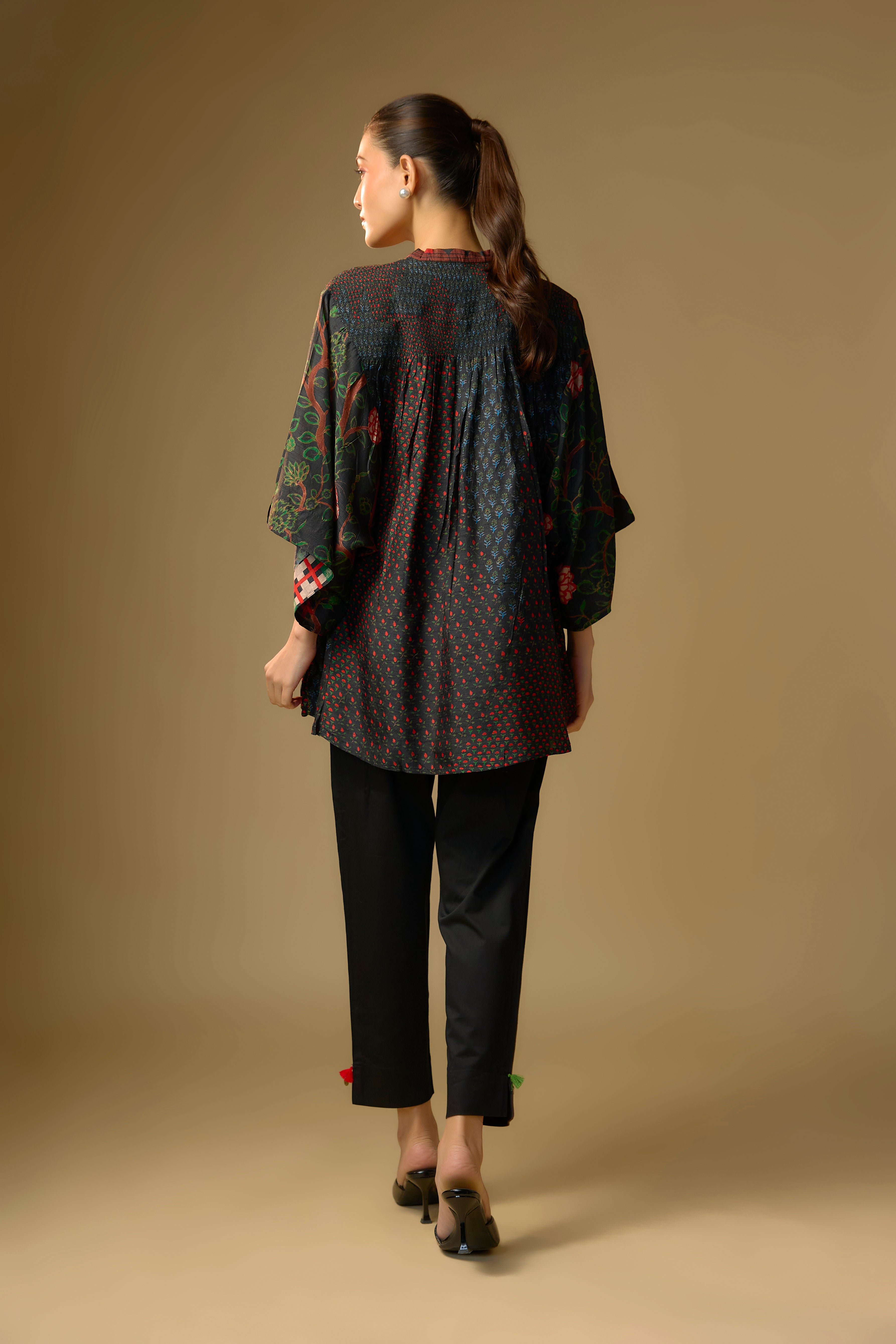 Black Printed Slub Cotton Silk Tunic Top