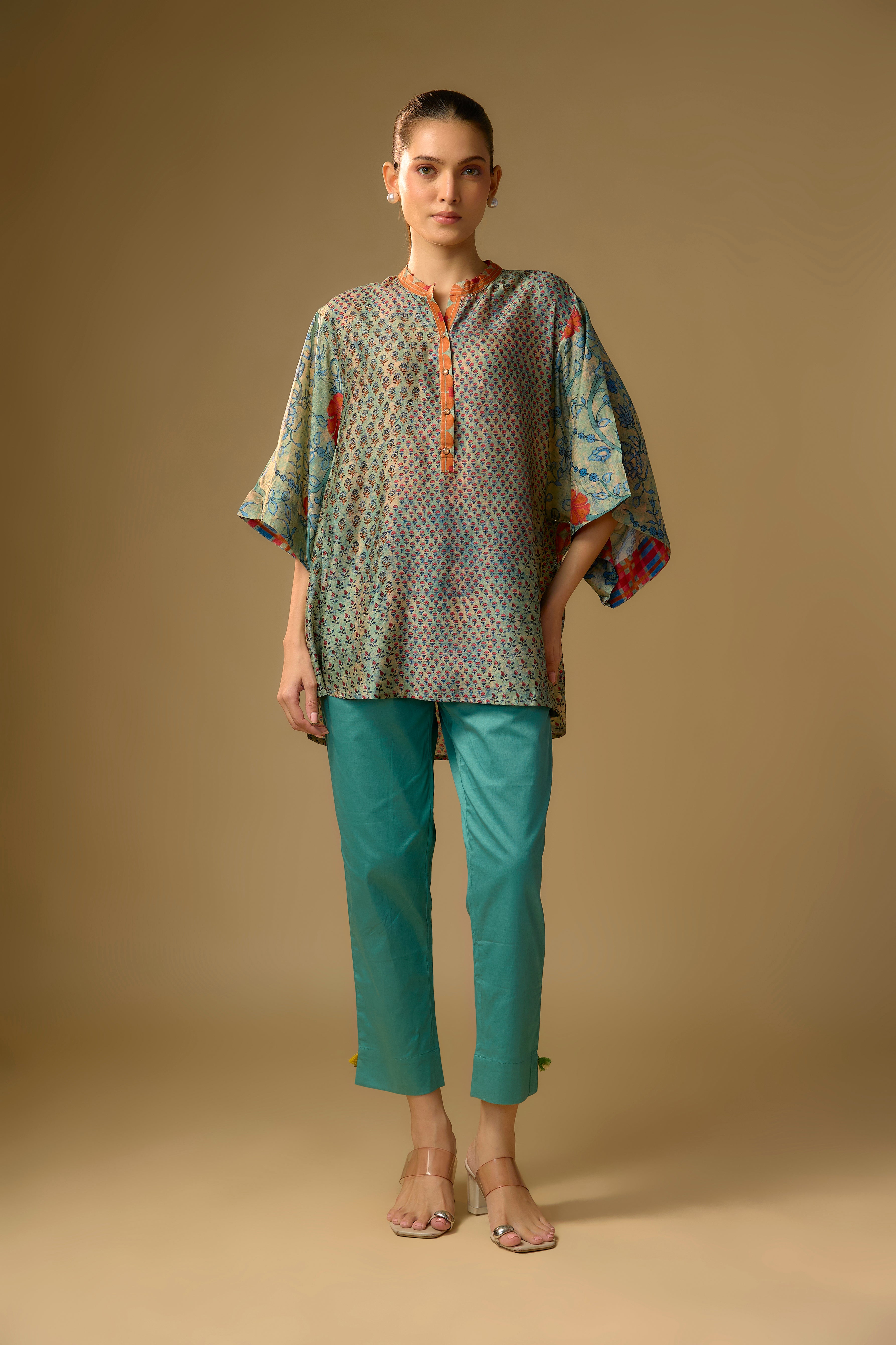 Rama Green Printed Slub Cotton Silk Tunic Top