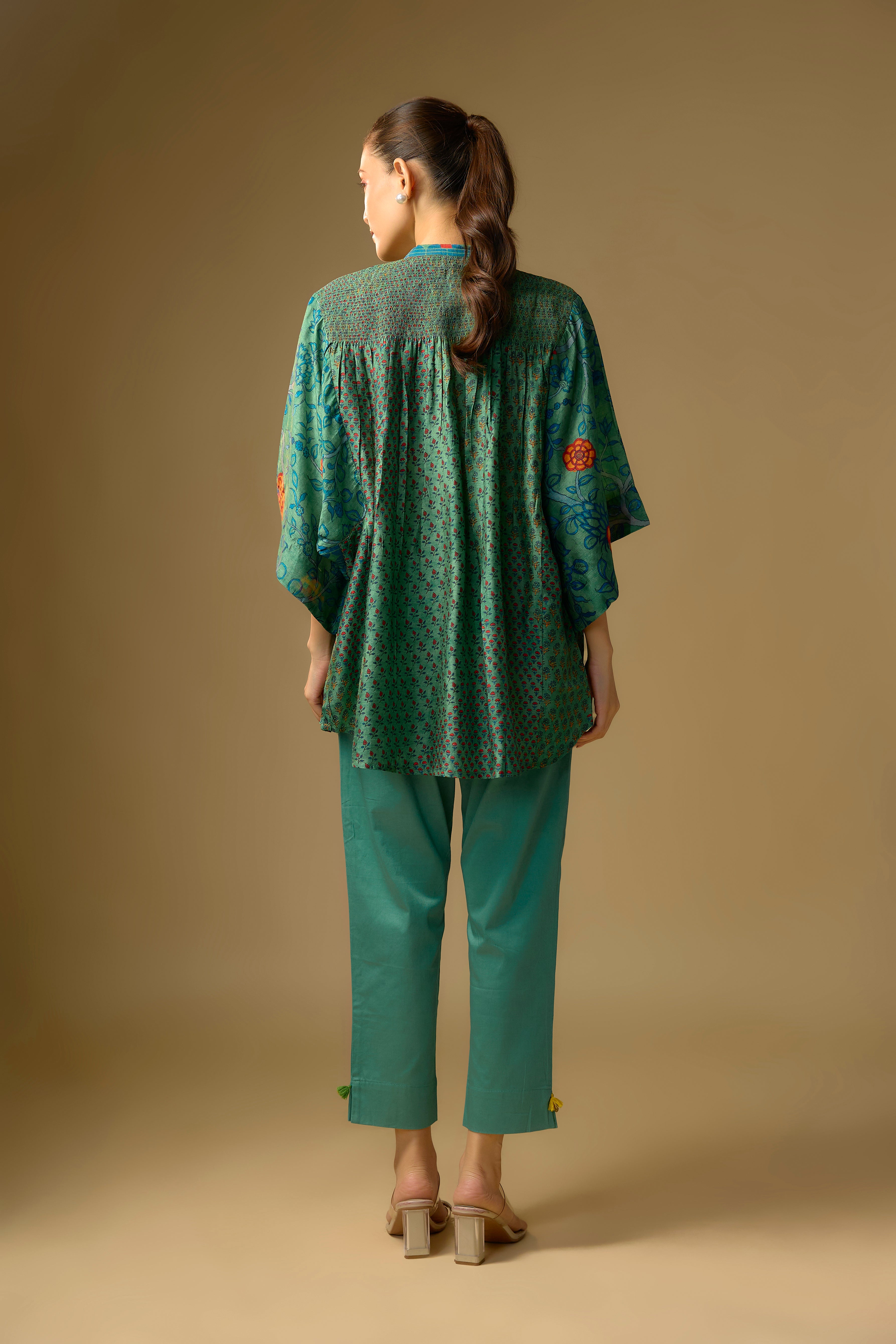 Rama Green Printed Slub Cotton Silk Tunic Top