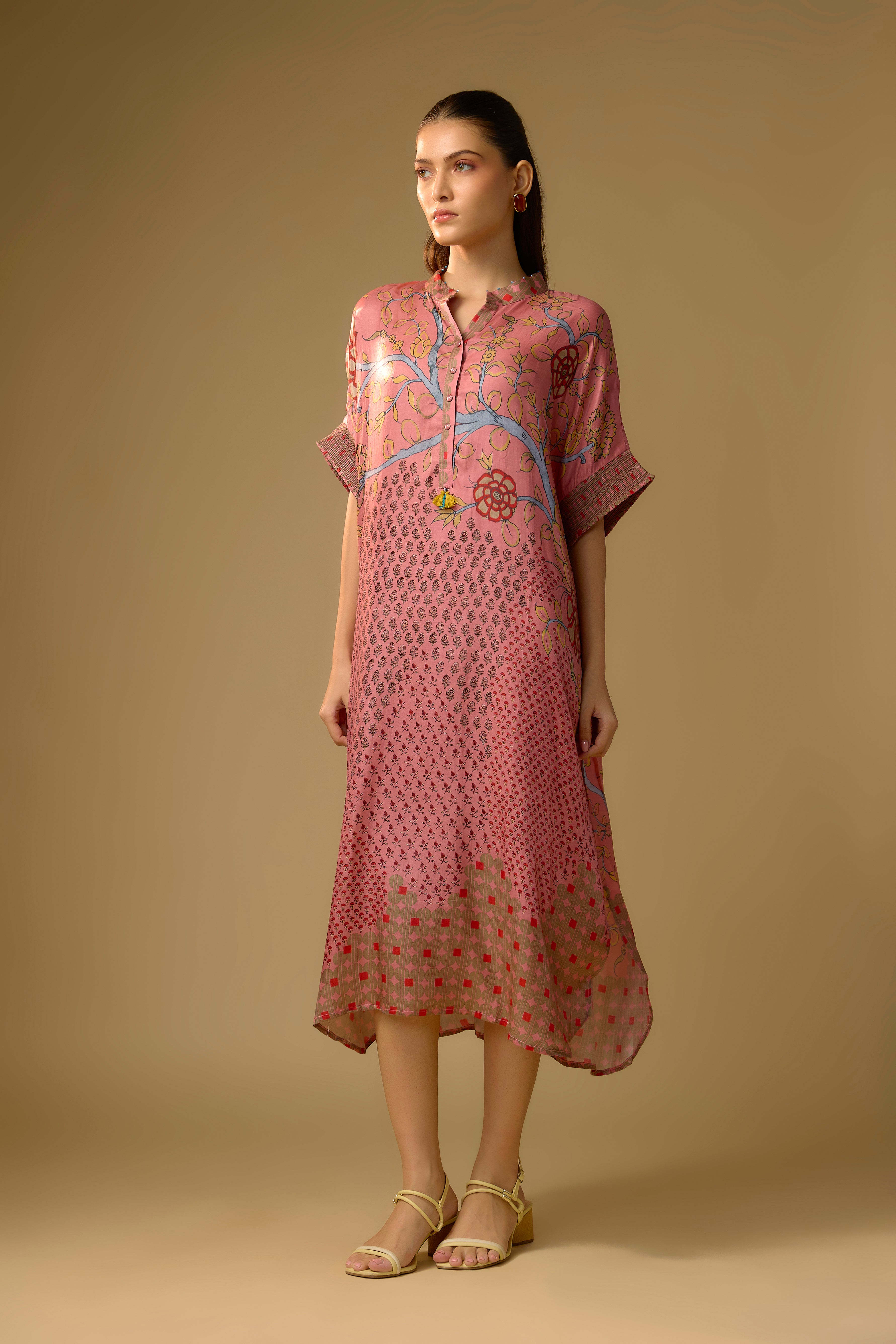 Blush Pink Printed Slub Cotton Silk Tunic Long Top