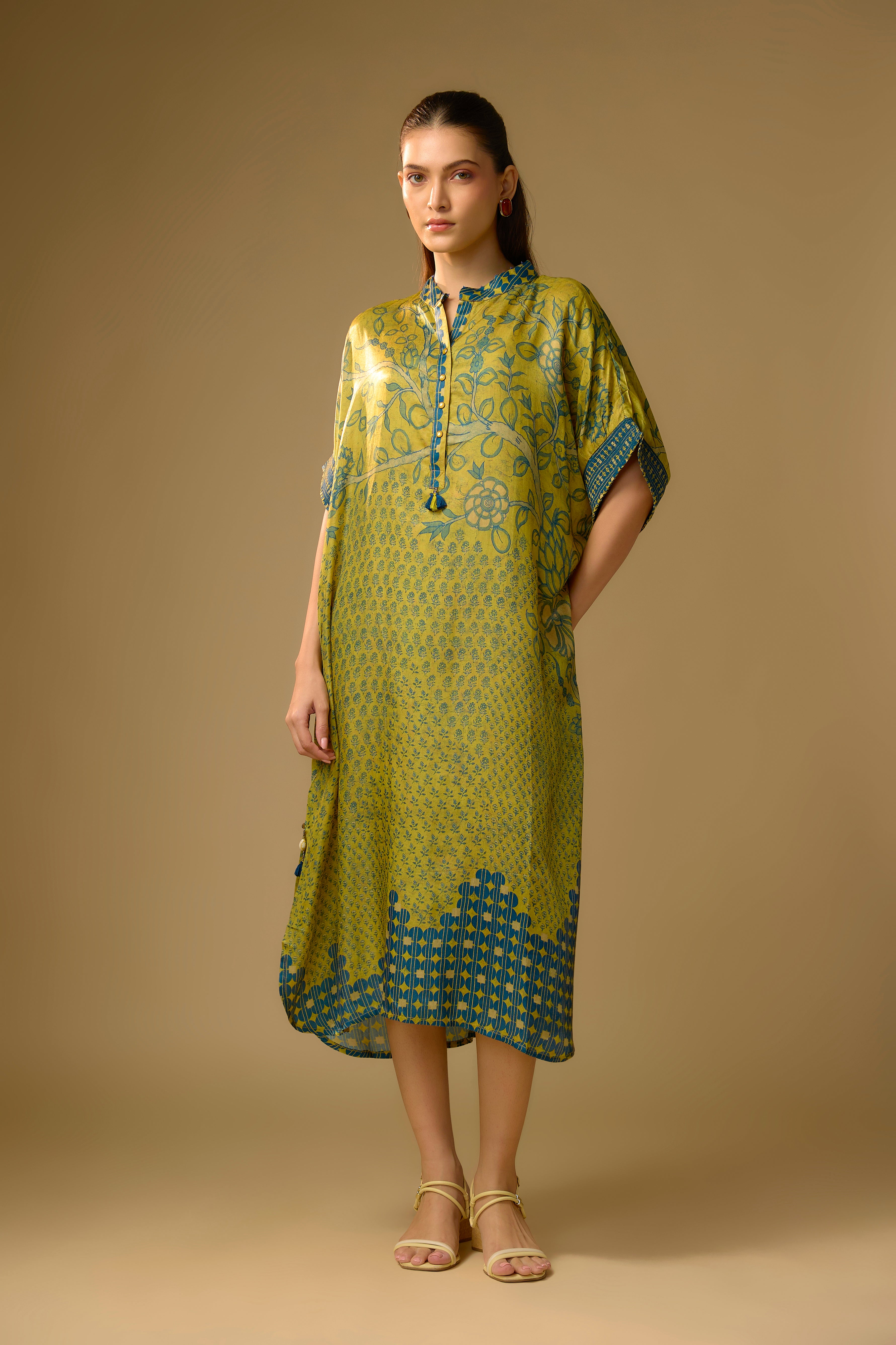Pista Green Printed Slub Cotton Silk Tunic Long Top