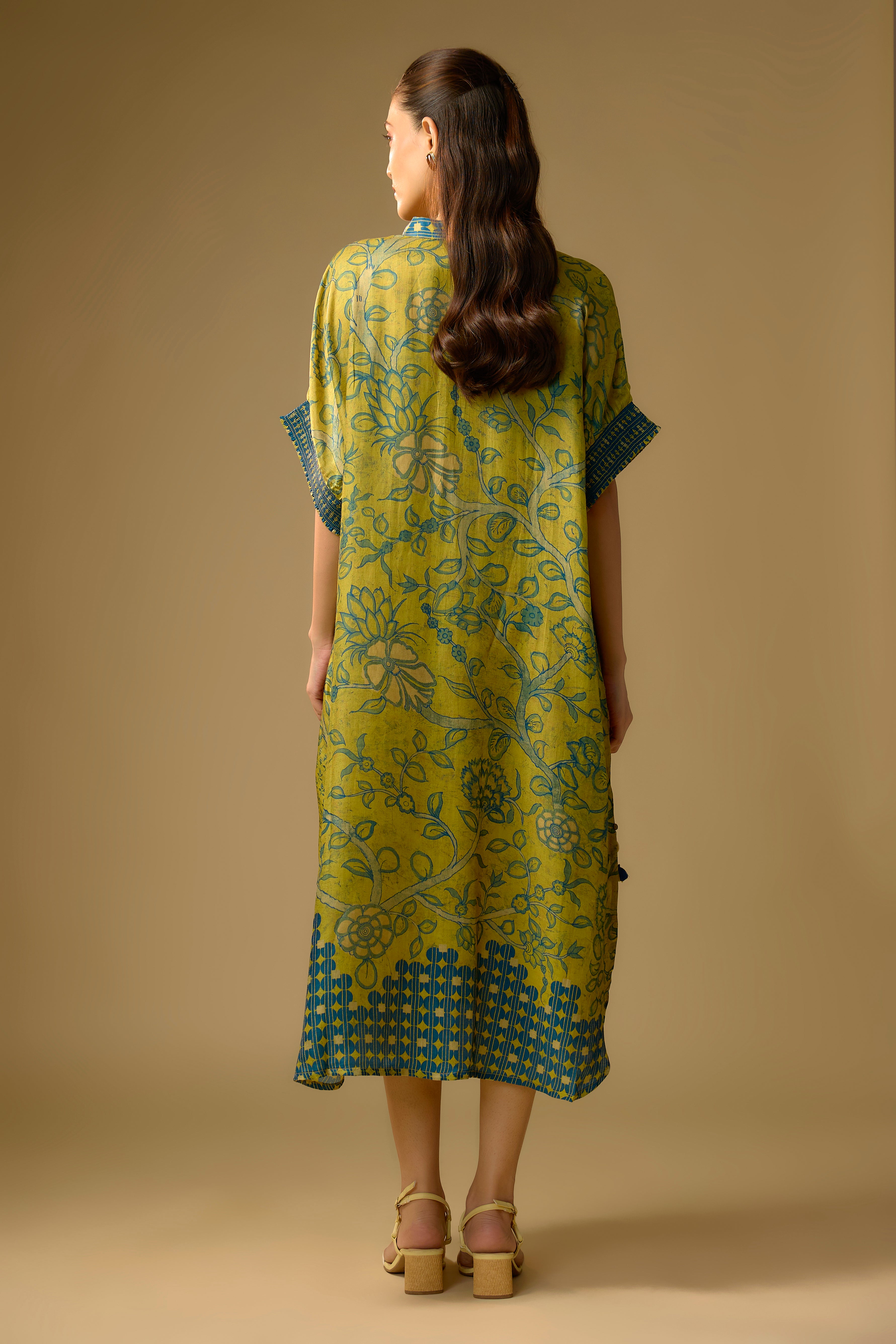 Pista Green Printed Slub Cotton Silk Tunic Long Top