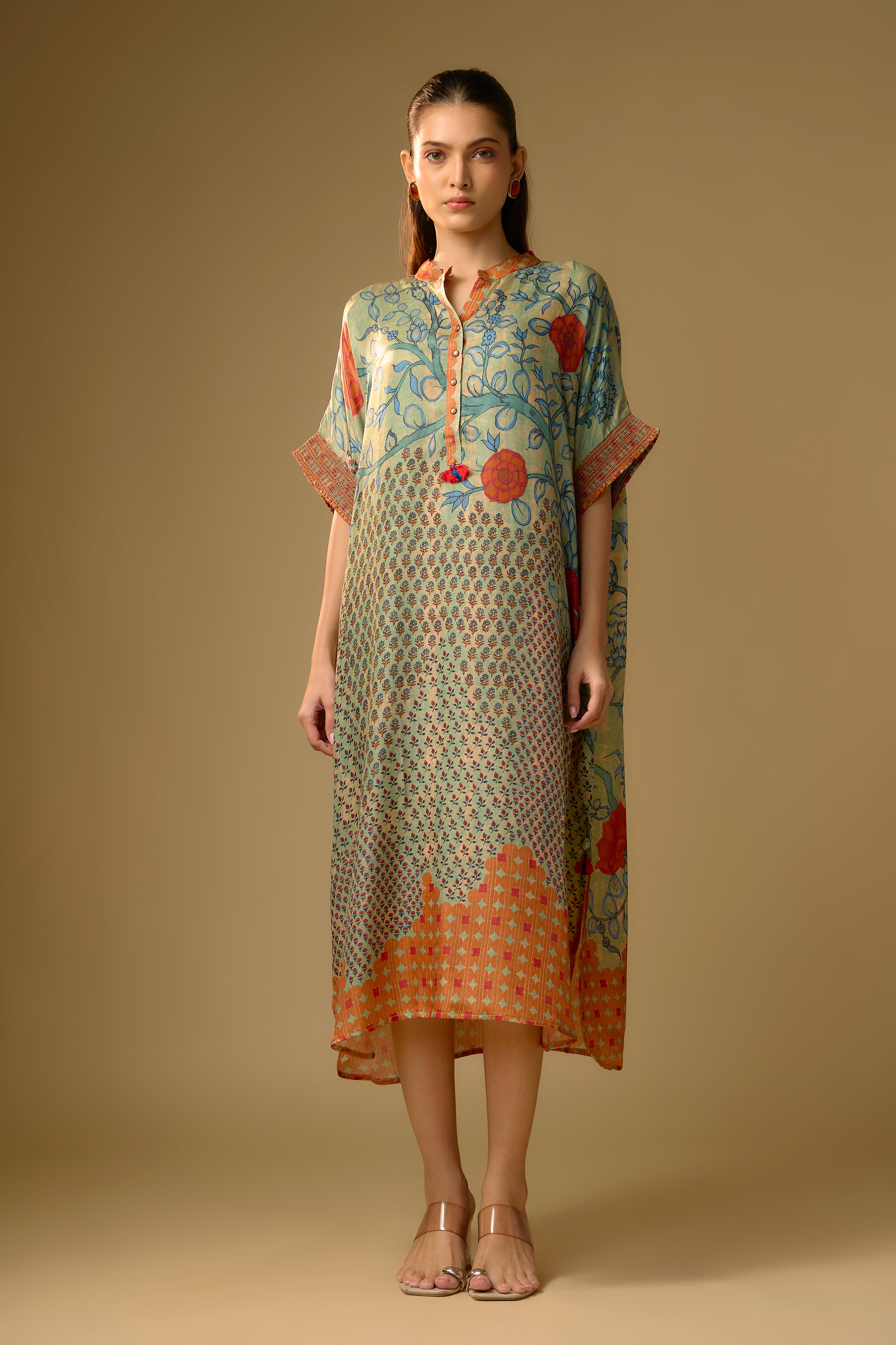 Mustard Yellow Printed Slub Cotton Silk Tunic Long Top