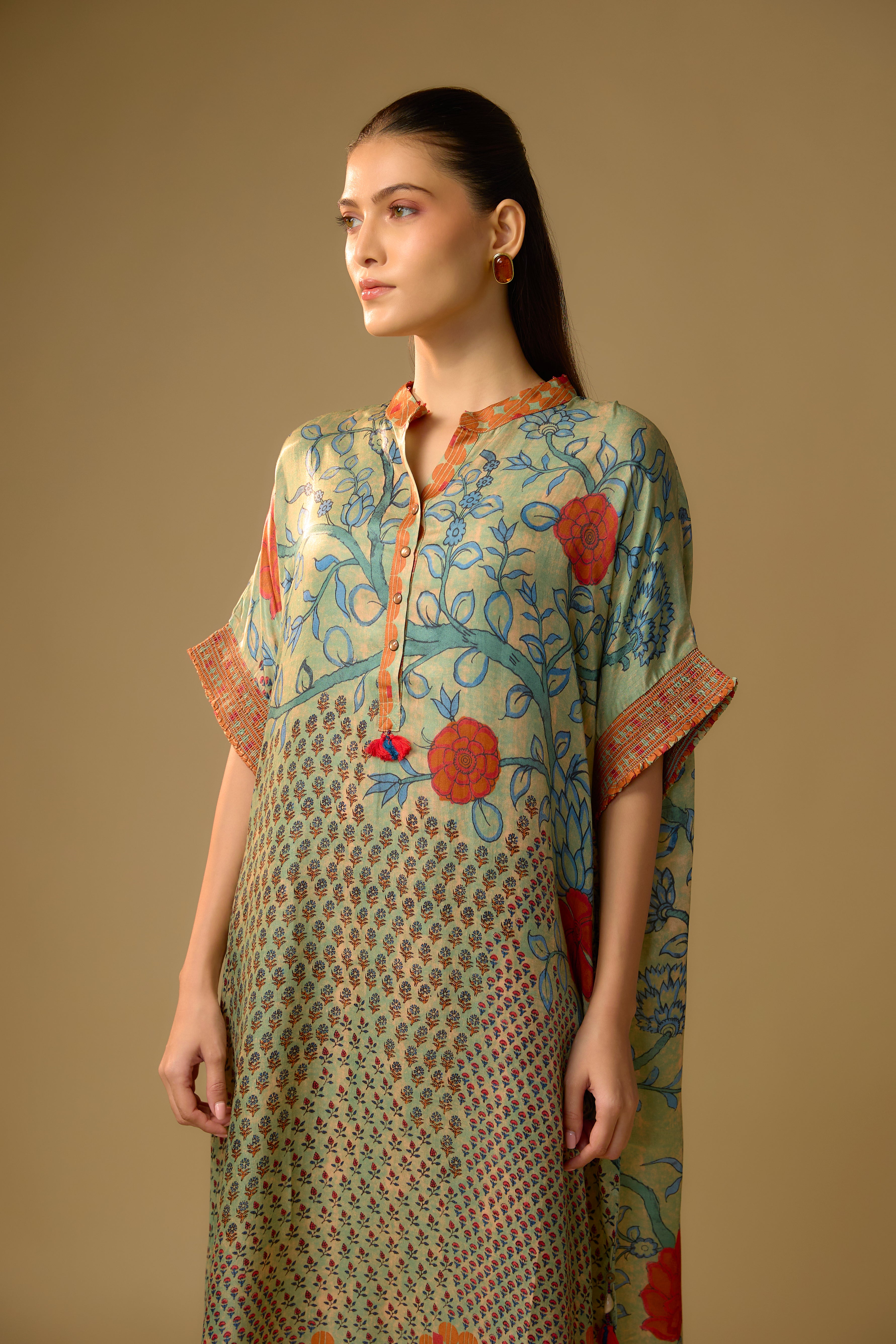 Mustard Yellow Printed Slub Cotton Silk Tunic Long Top