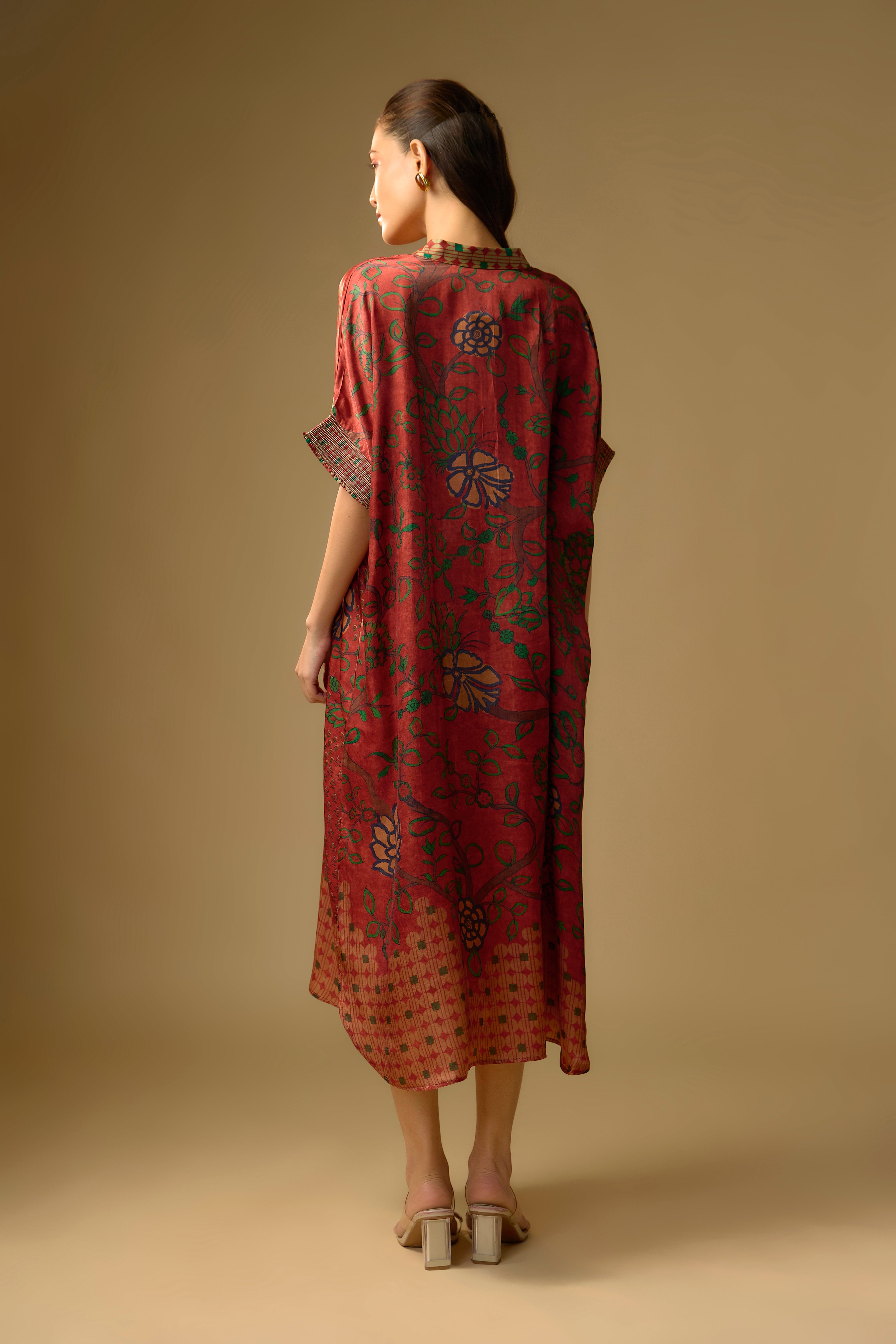 Red Printed Slub Cotton Silk Tunic Long Top