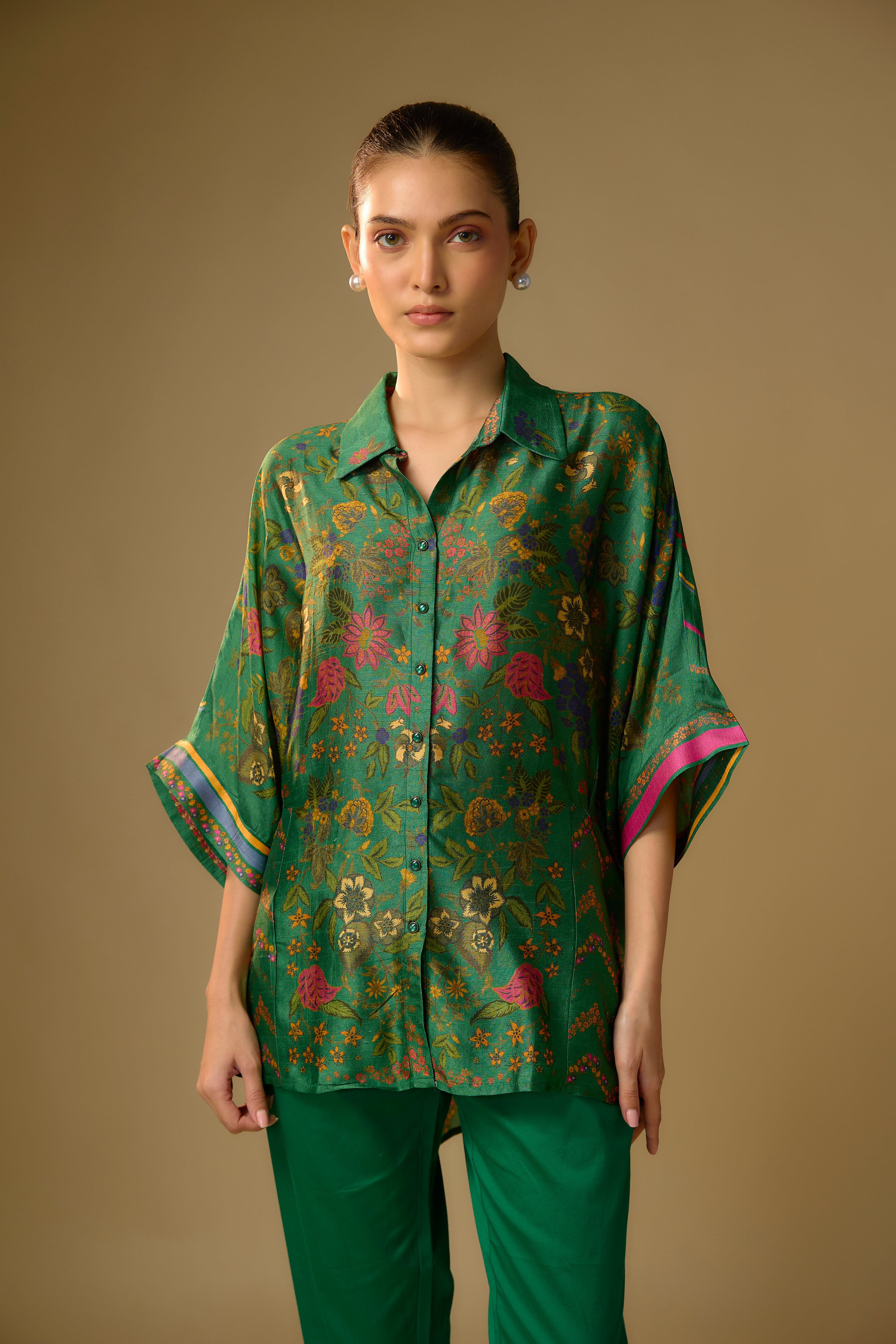 Bottle Green Printed Slub Cotton Silk Tunic Top