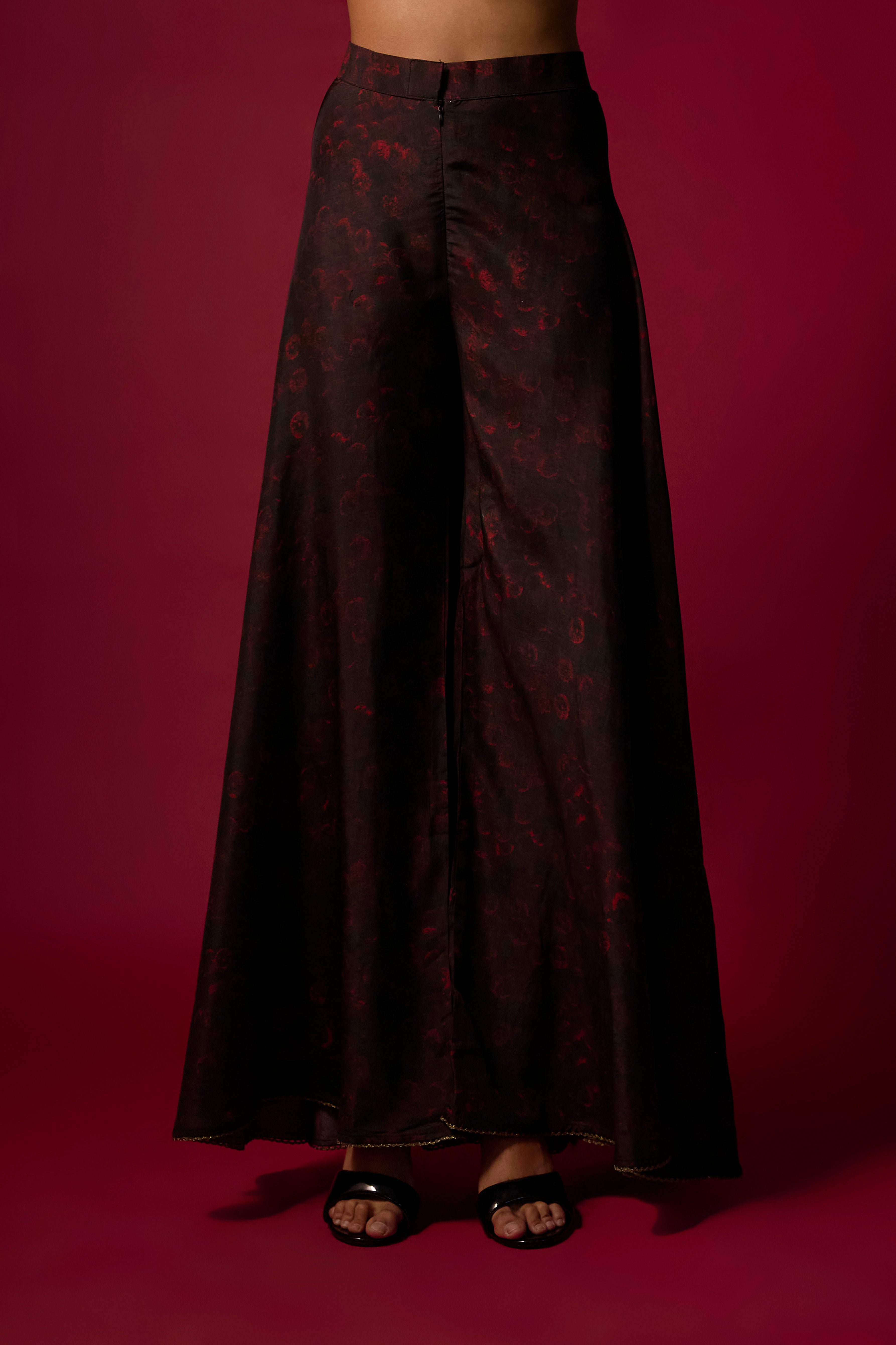 Soft Black Embellished Slub Silk Palazzo Set