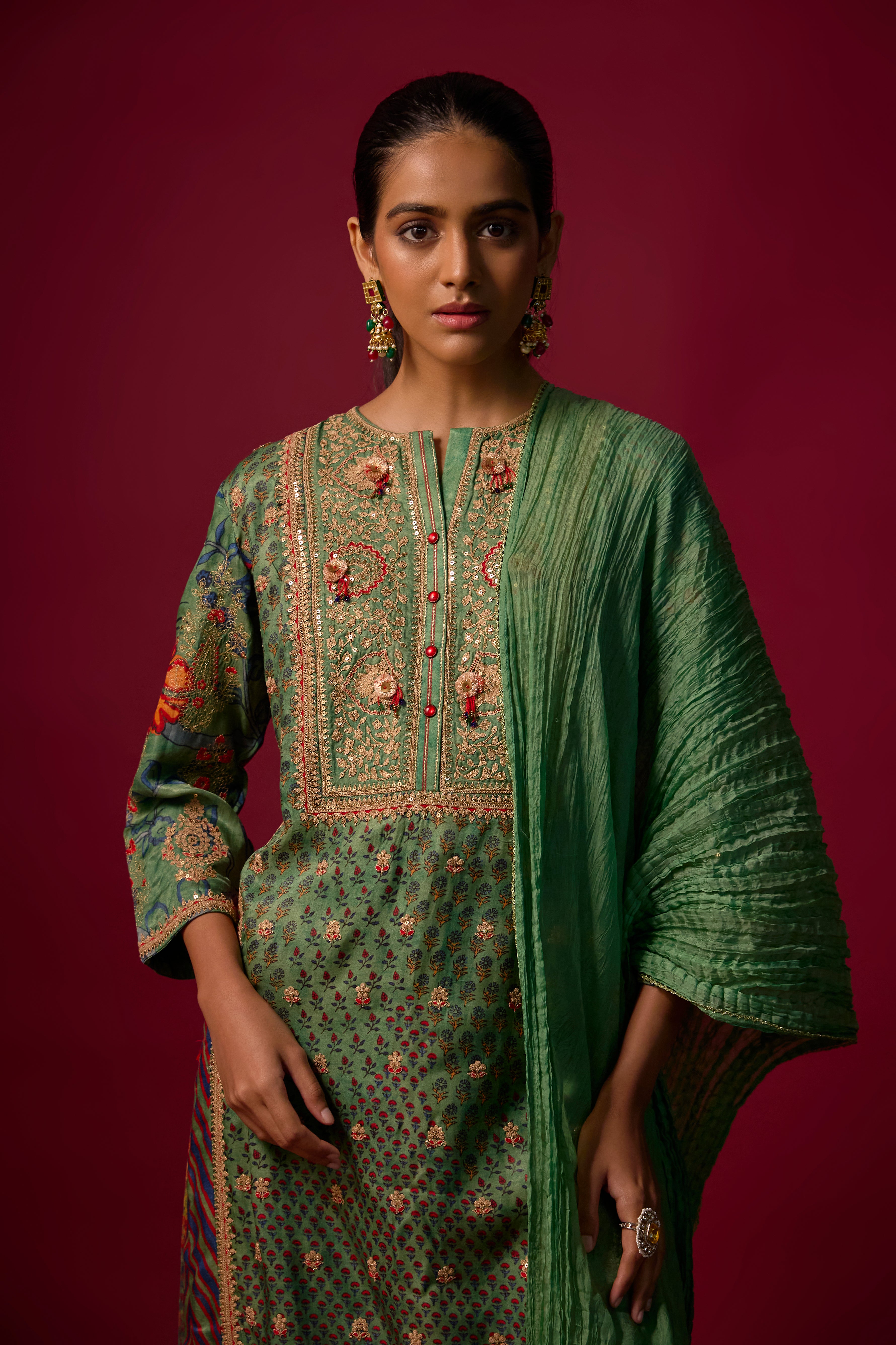 Rama Green Embellished Slub Silk Palazzo Set