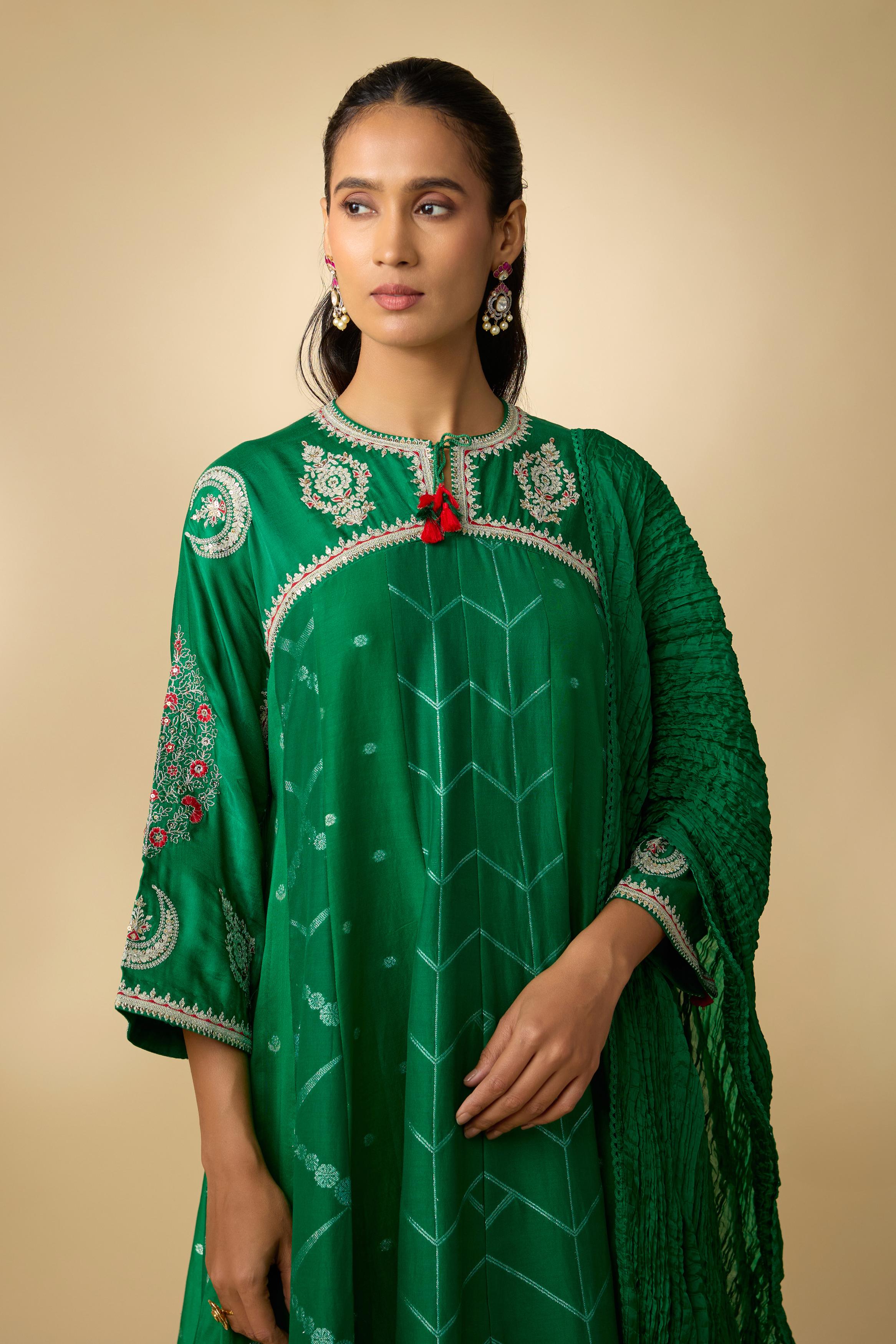 Green Embellished Cotton Linen Anarkali Set