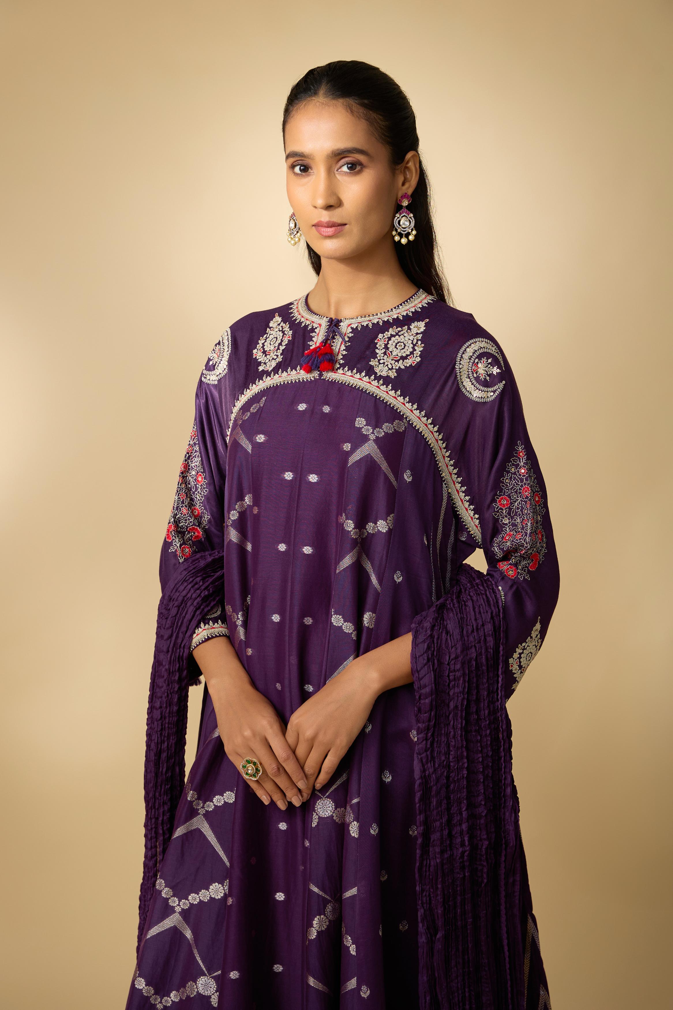 Purple Embellished Cotton Linen Anarkali Set