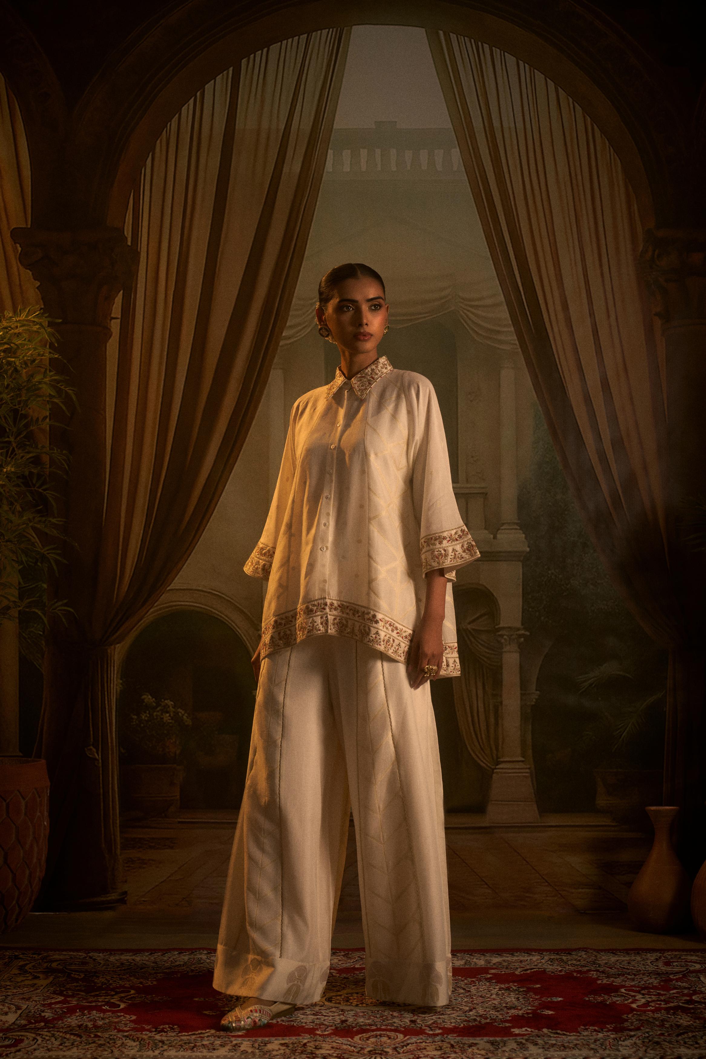 Ivory Embellished Slub Cotton Silk Co-Ord Set