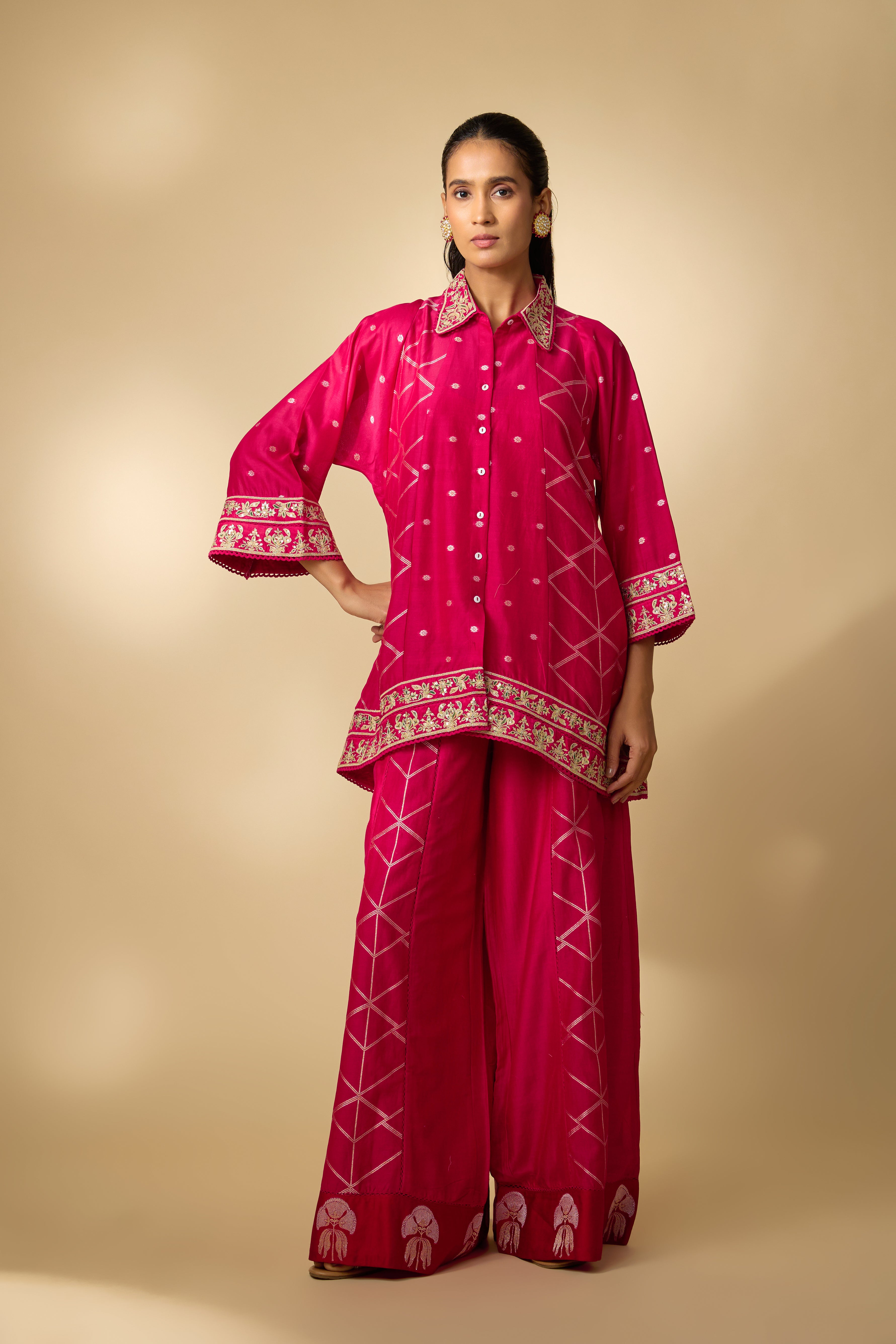 Rani Pink Embellished Slub Cotton Silk Co-Ord Set