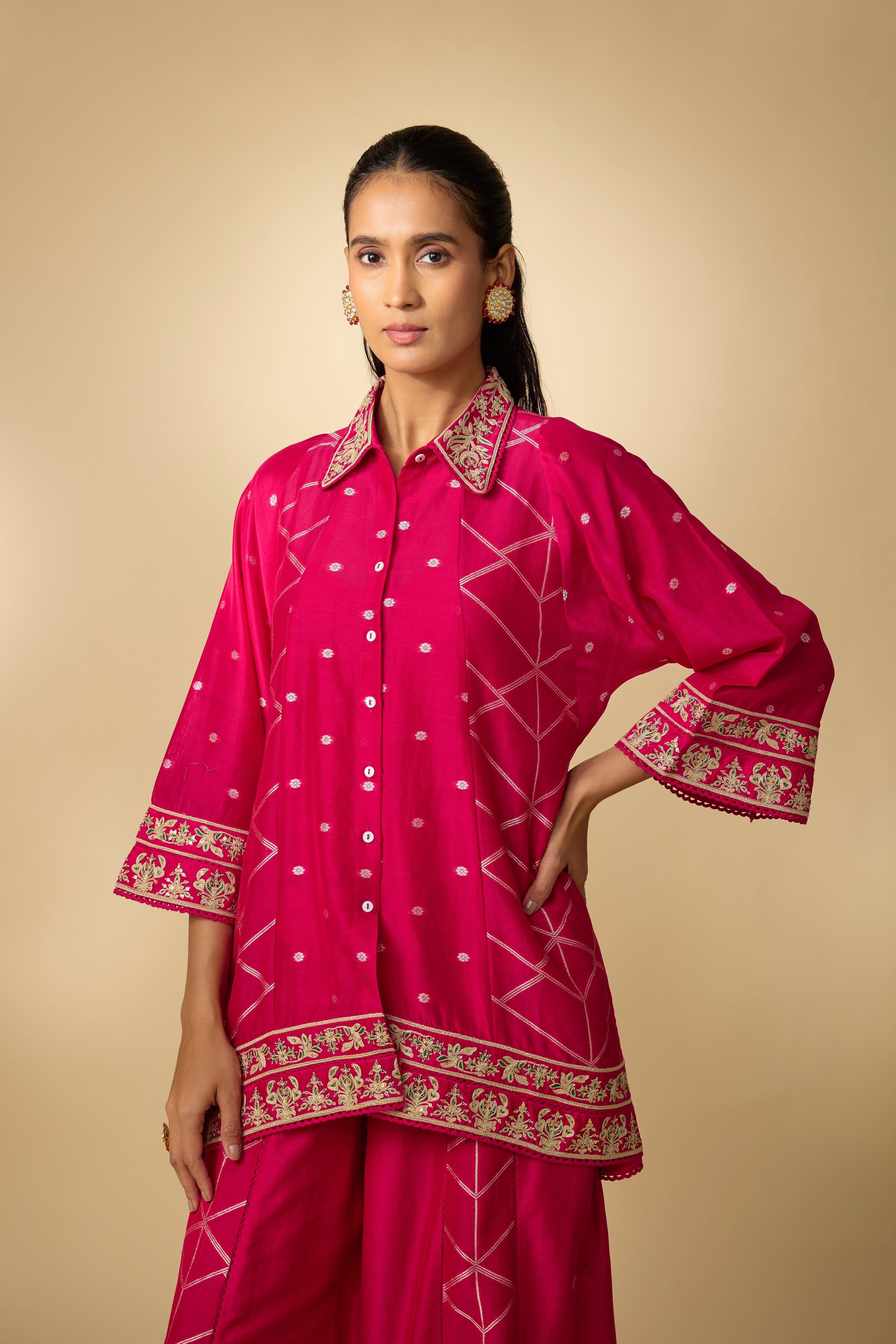 Rani Pink Embellished Slub Cotton Silk Co-Ord Set