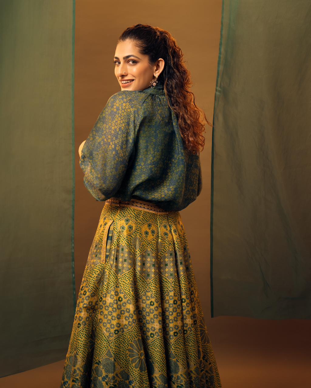 Sunflower Printed Crepe Silk Skirt Set