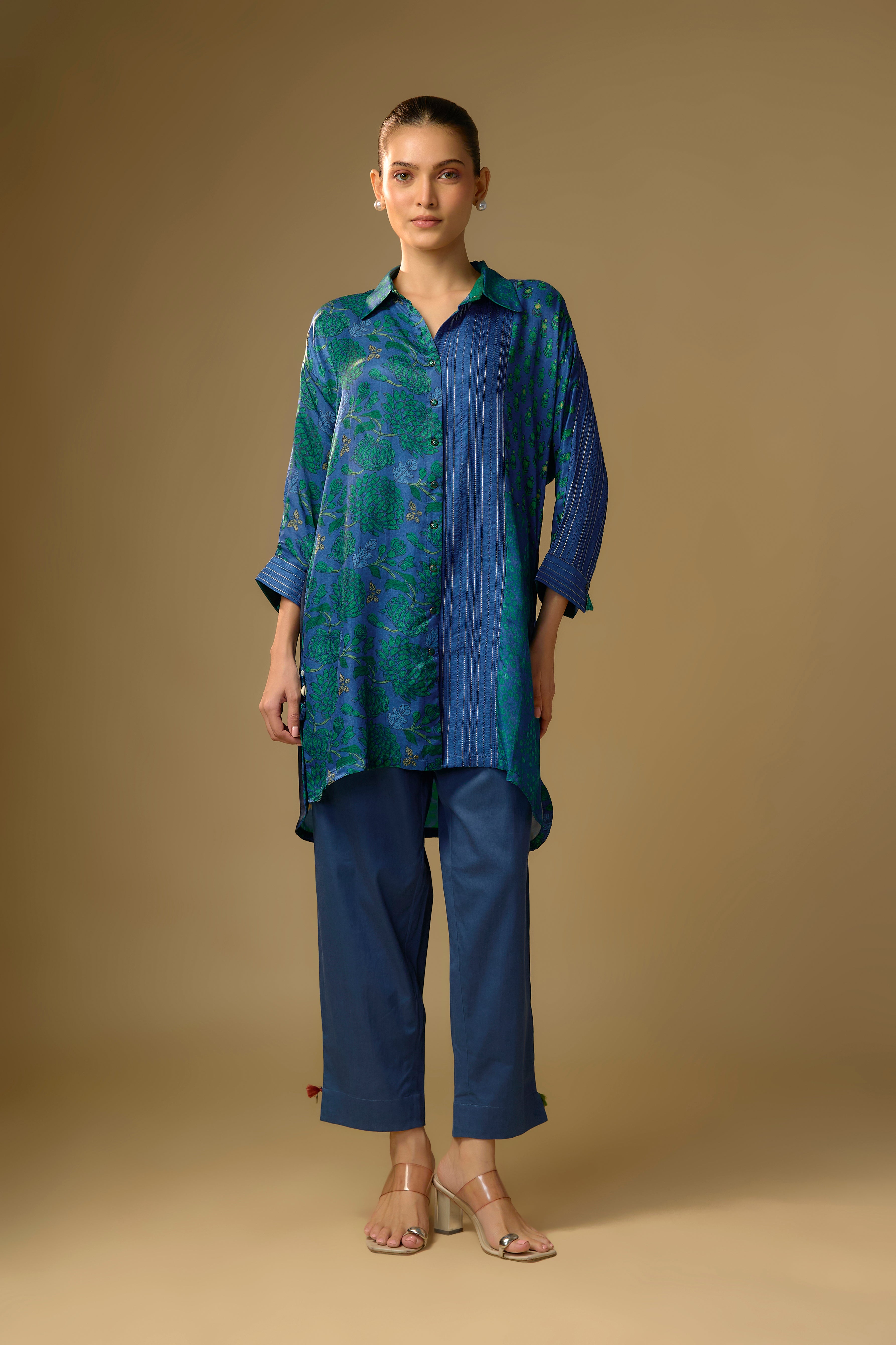 Summer Blue Printed Slub Cotton Silk Tunic Top