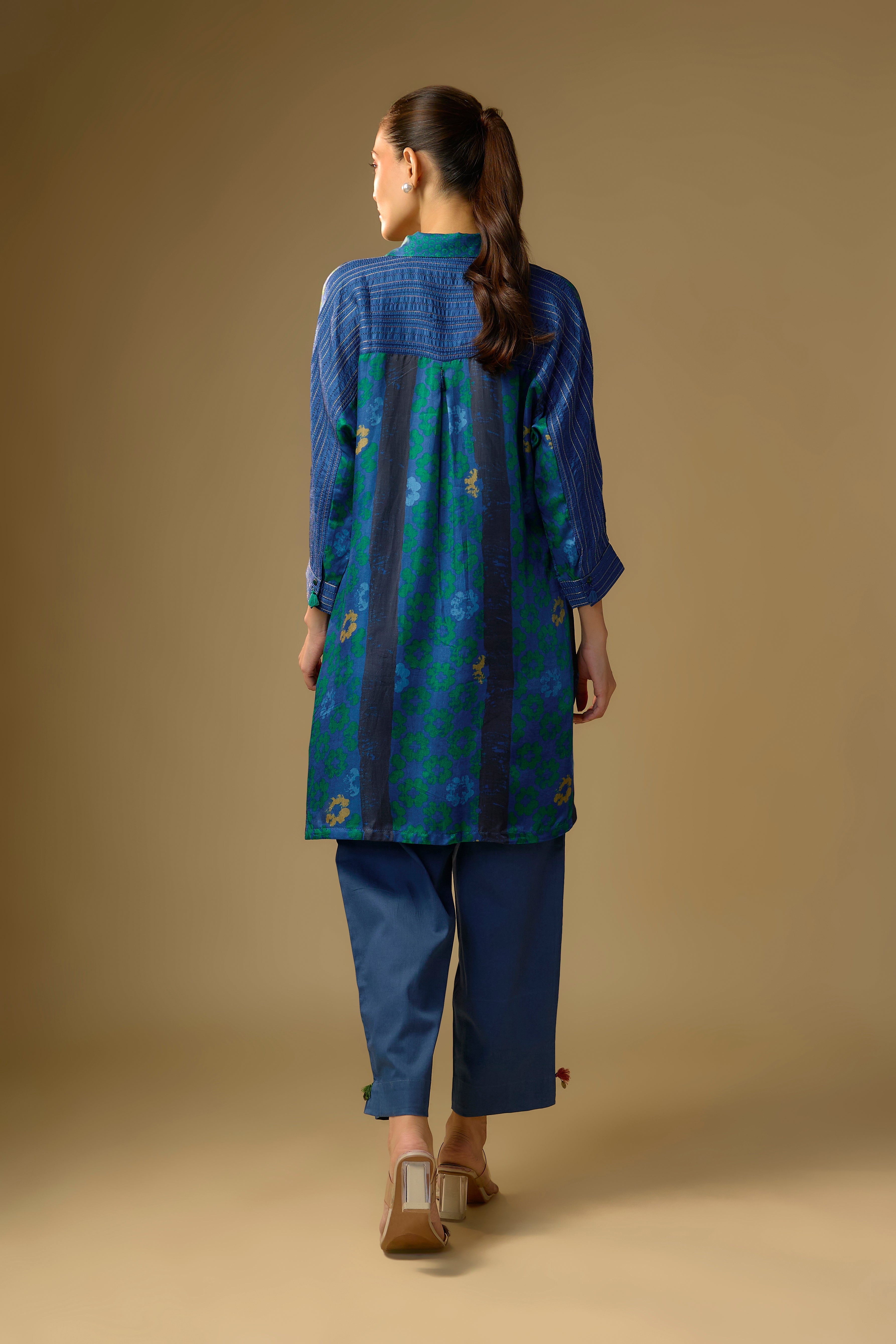 Summer Blue Printed Slub Cotton Silk Tunic Top