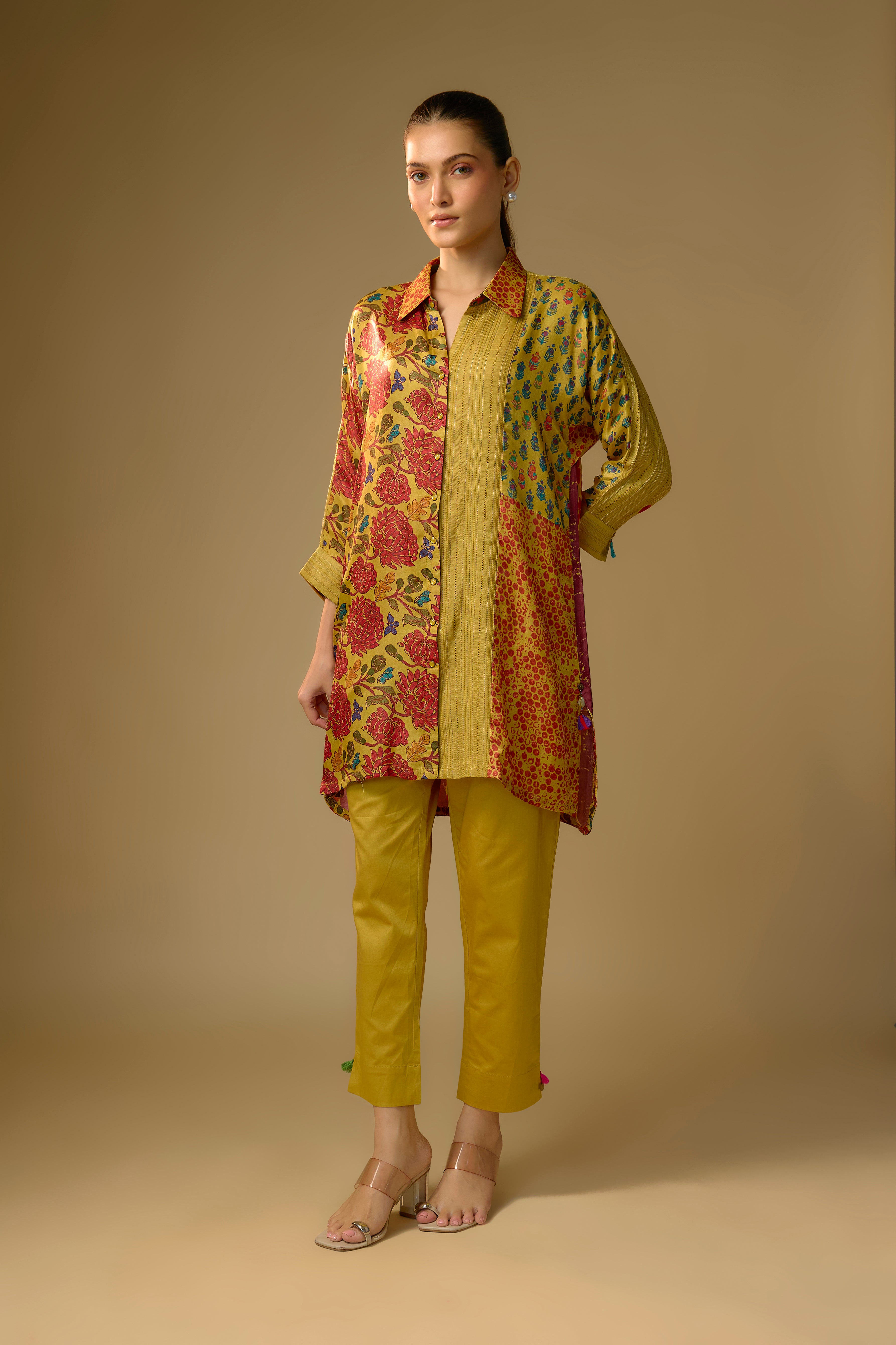 Summer Yellow Printed Slub Cotton Silk Tunic Top