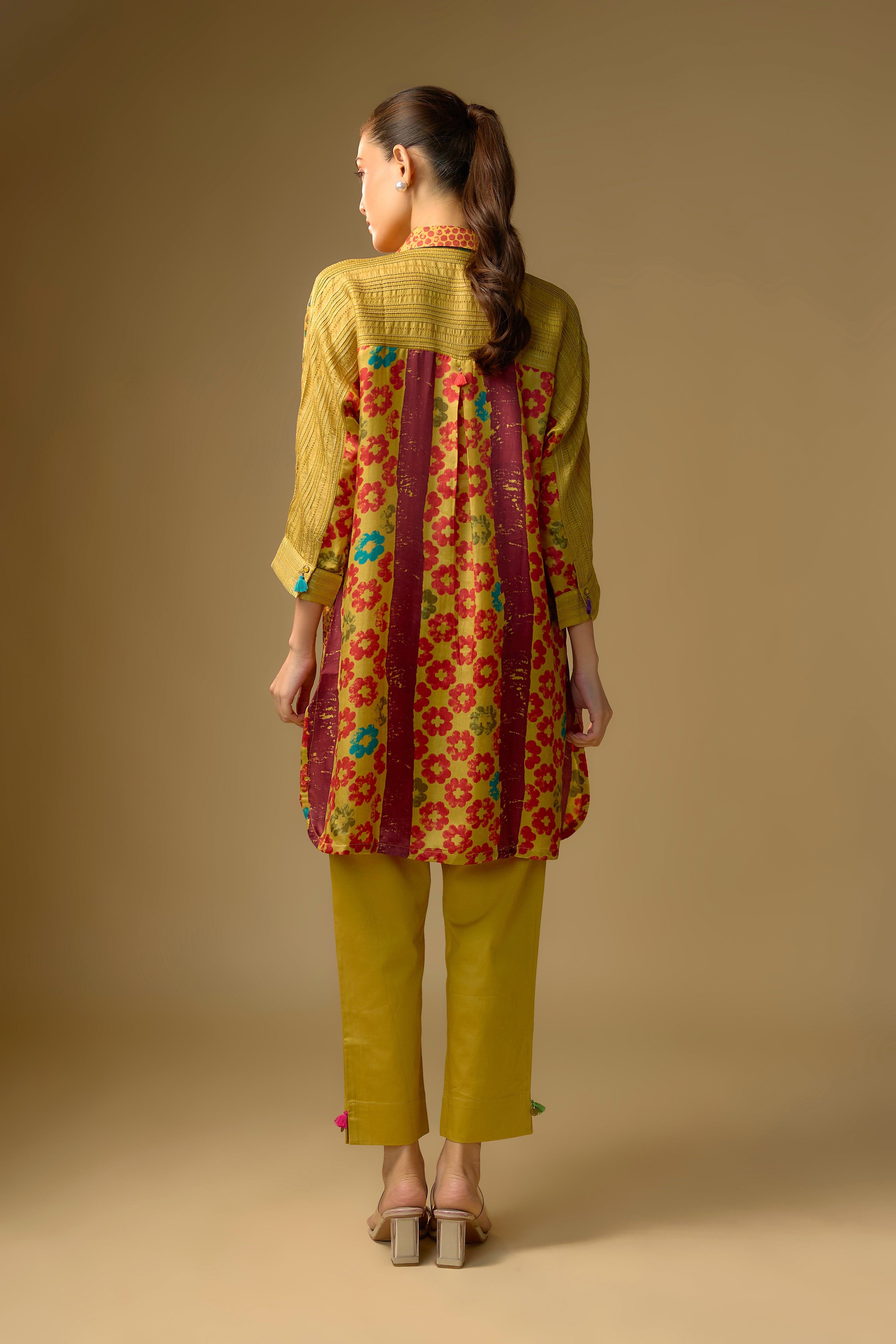 Summer Yellow Printed Slub Cotton Silk Tunic Top