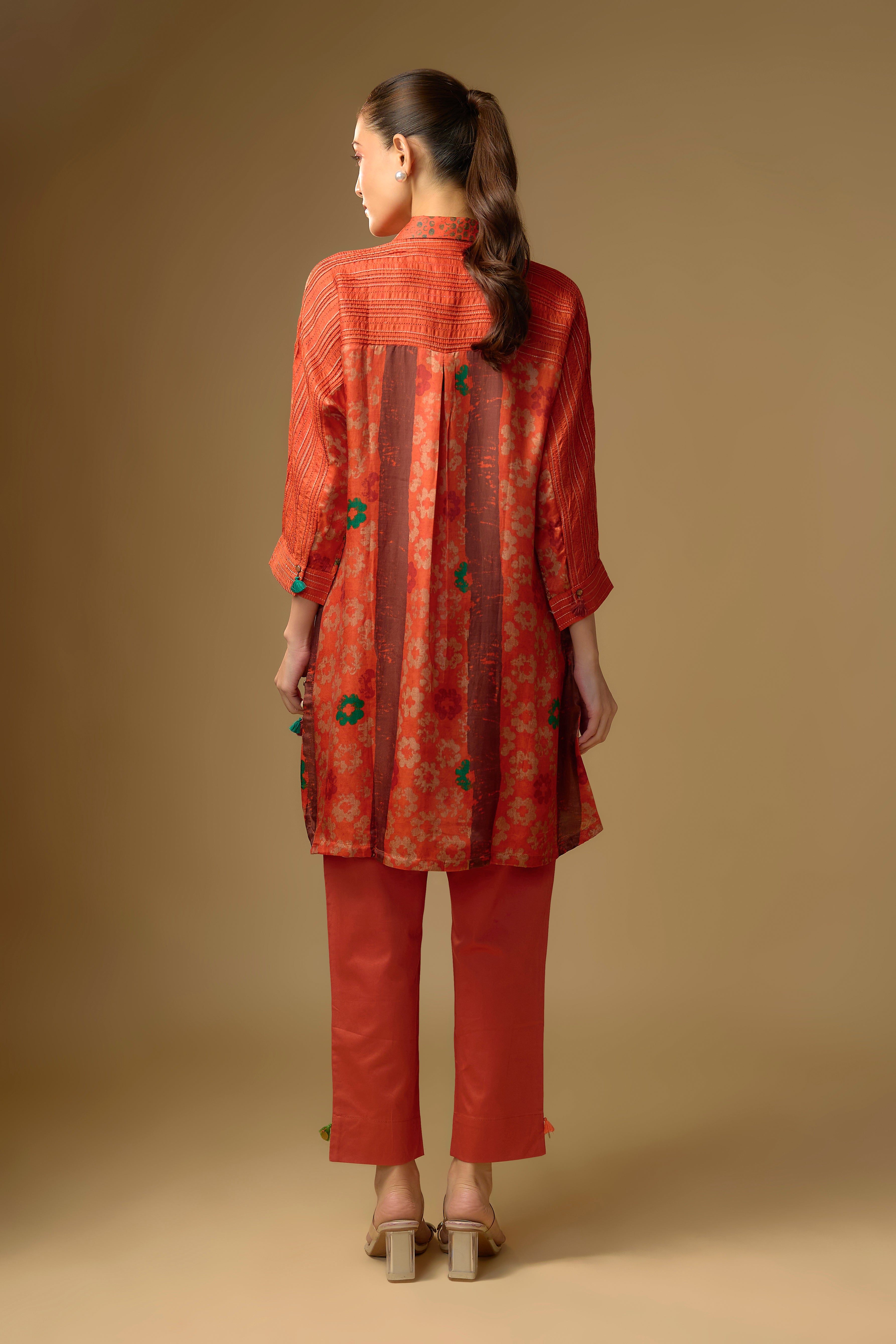 Soft Orange Printed Slub Cotton Silk Tunic Top