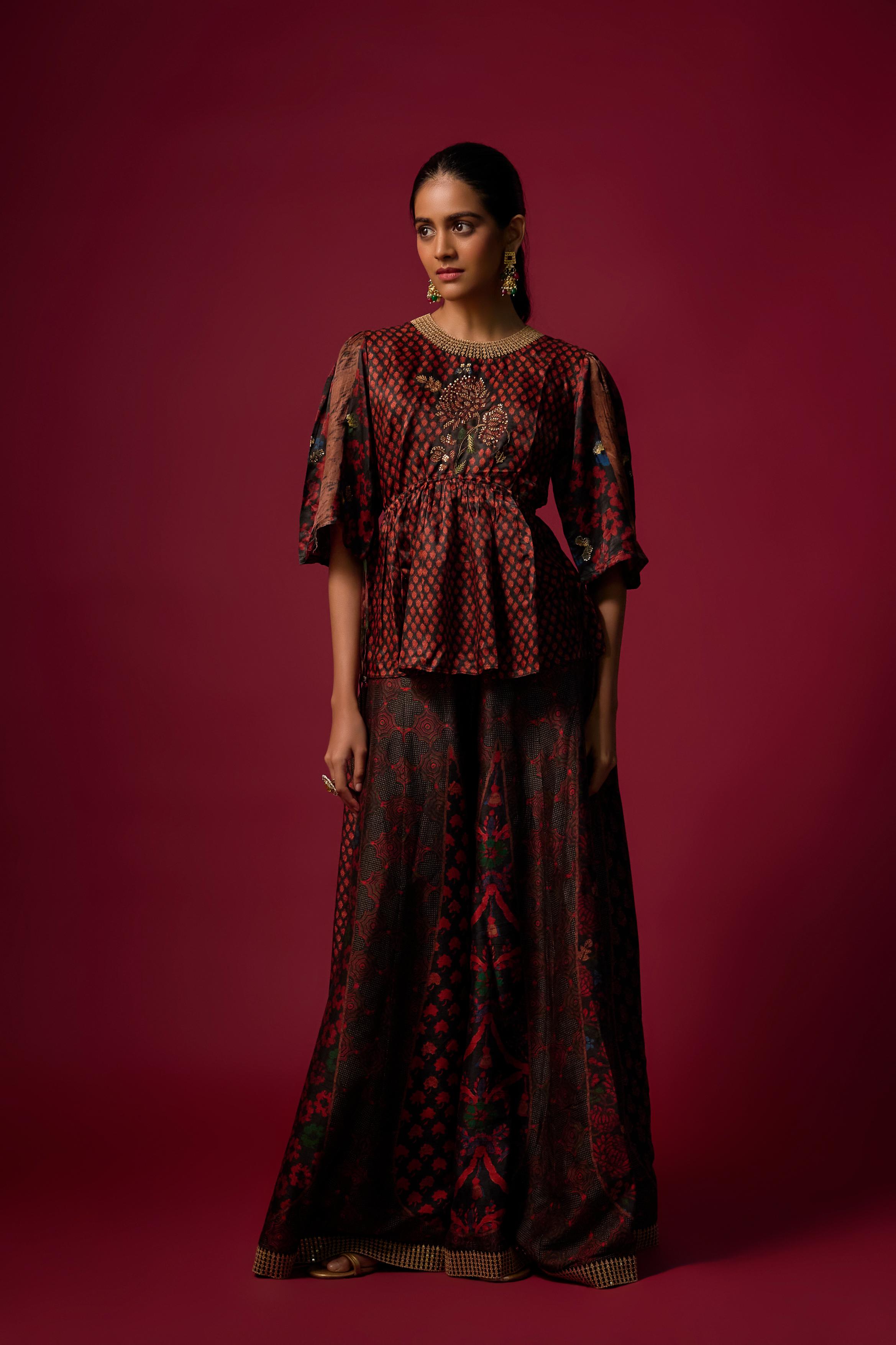Black Printed Slub Cotton Silk Tunic Co-Ord Set