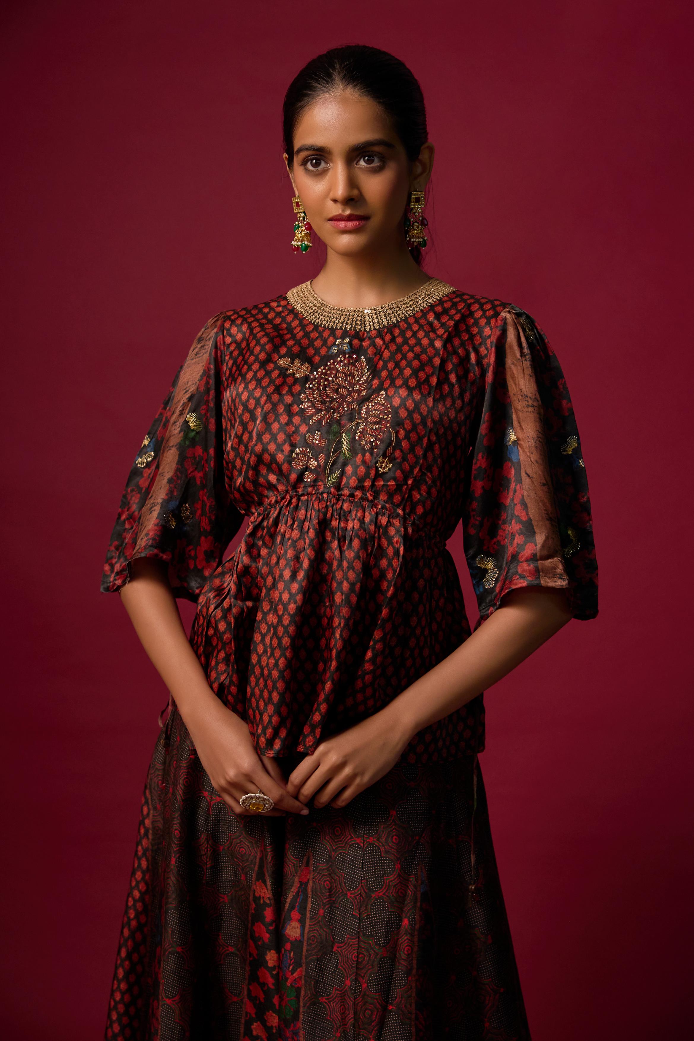 Black Printed Slub Cotton Silk Tunic Co-Ord Set