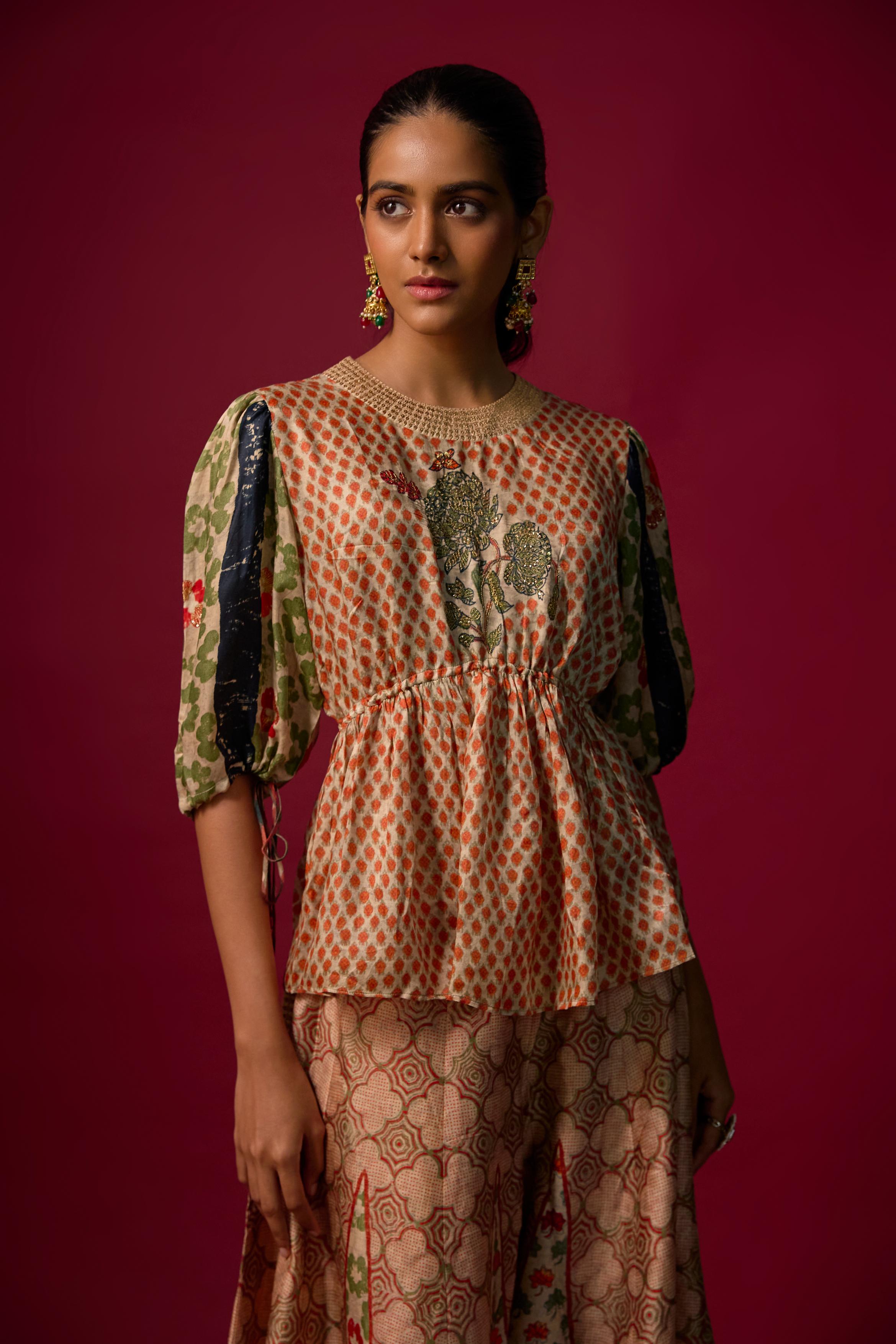 Ivory Printed Slub Cotton Silk Tunic Co-Ord Set