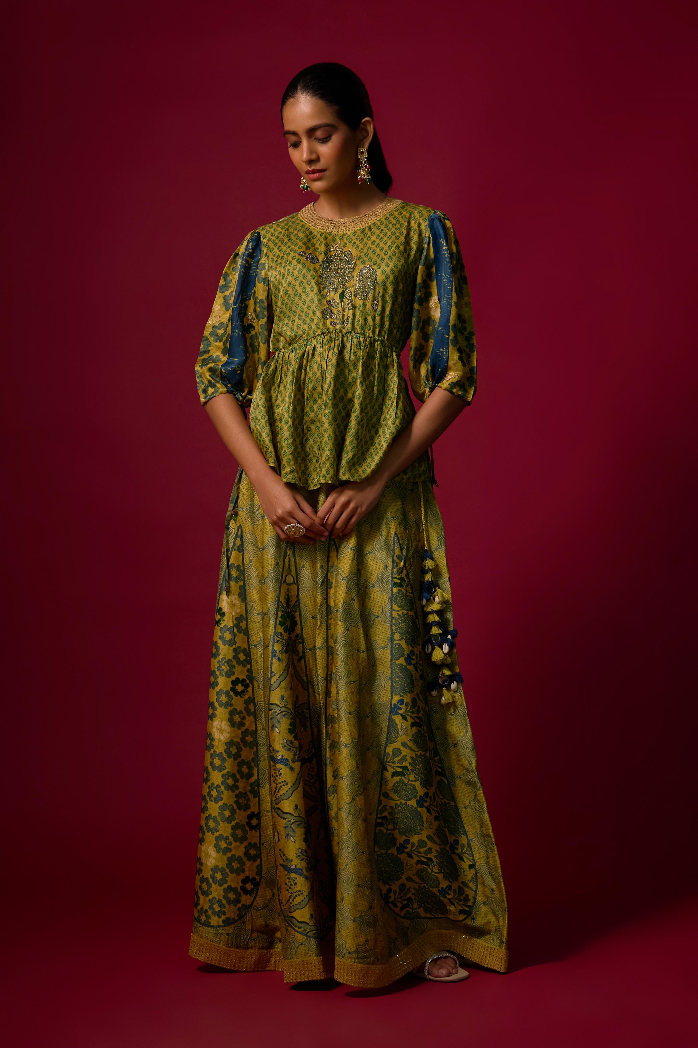 Pear Green Printed Slub Cotton Silk Tunic Co-Ord Set