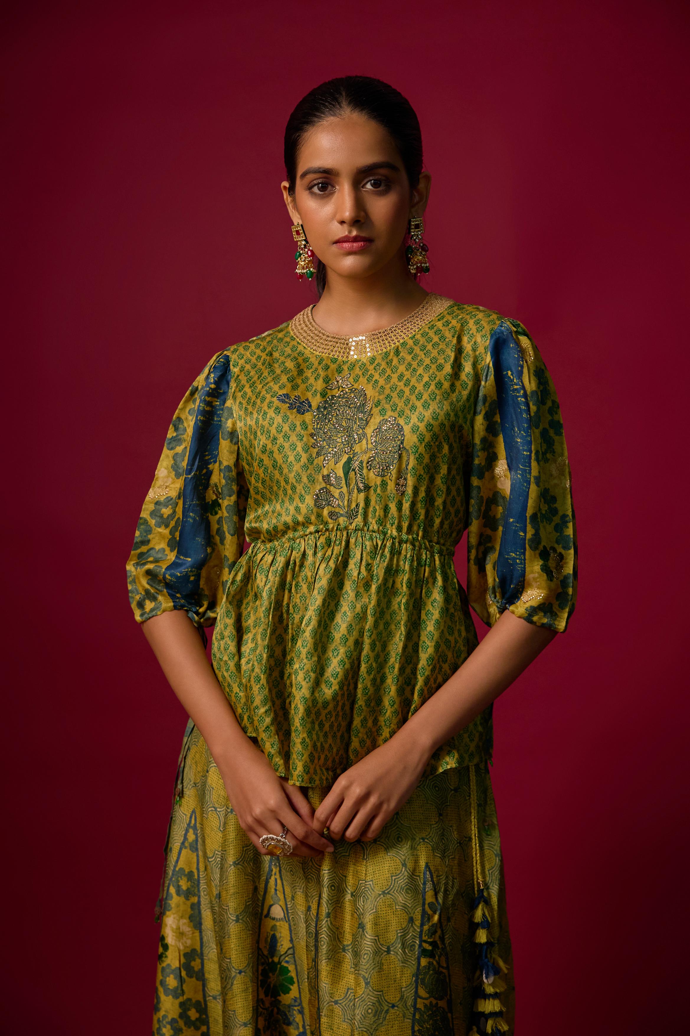 Pear Green Printed Slub Cotton Silk Tunic Co-Ord Set
