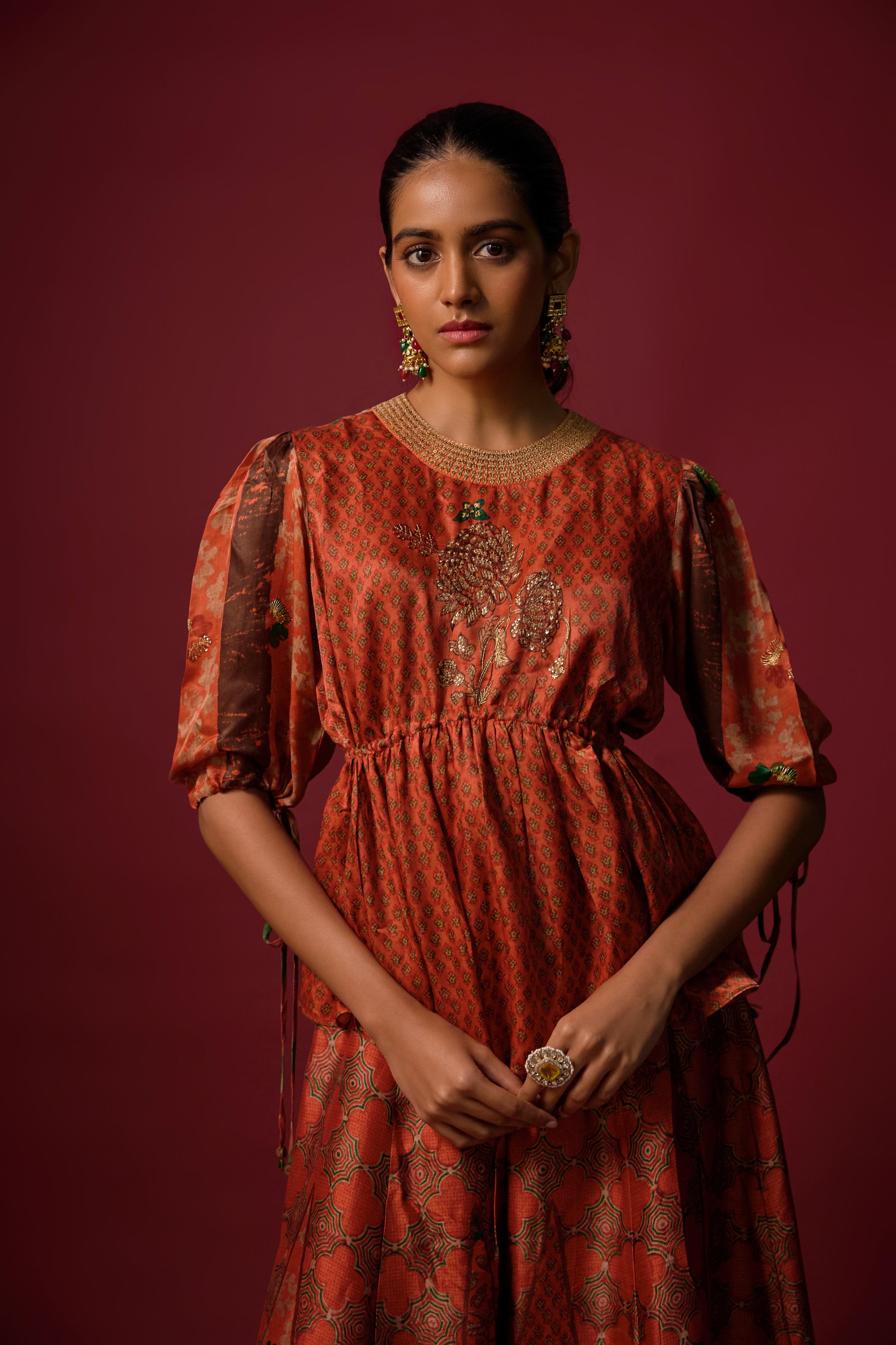 Orange Printed Slub Cotton Silk Tunic Co-Ord Set